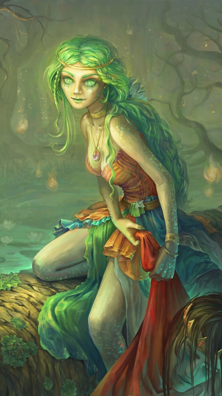 Download mobile wallpaper Fantasy, Night, Green Hair, Women, Green Eyes for free.