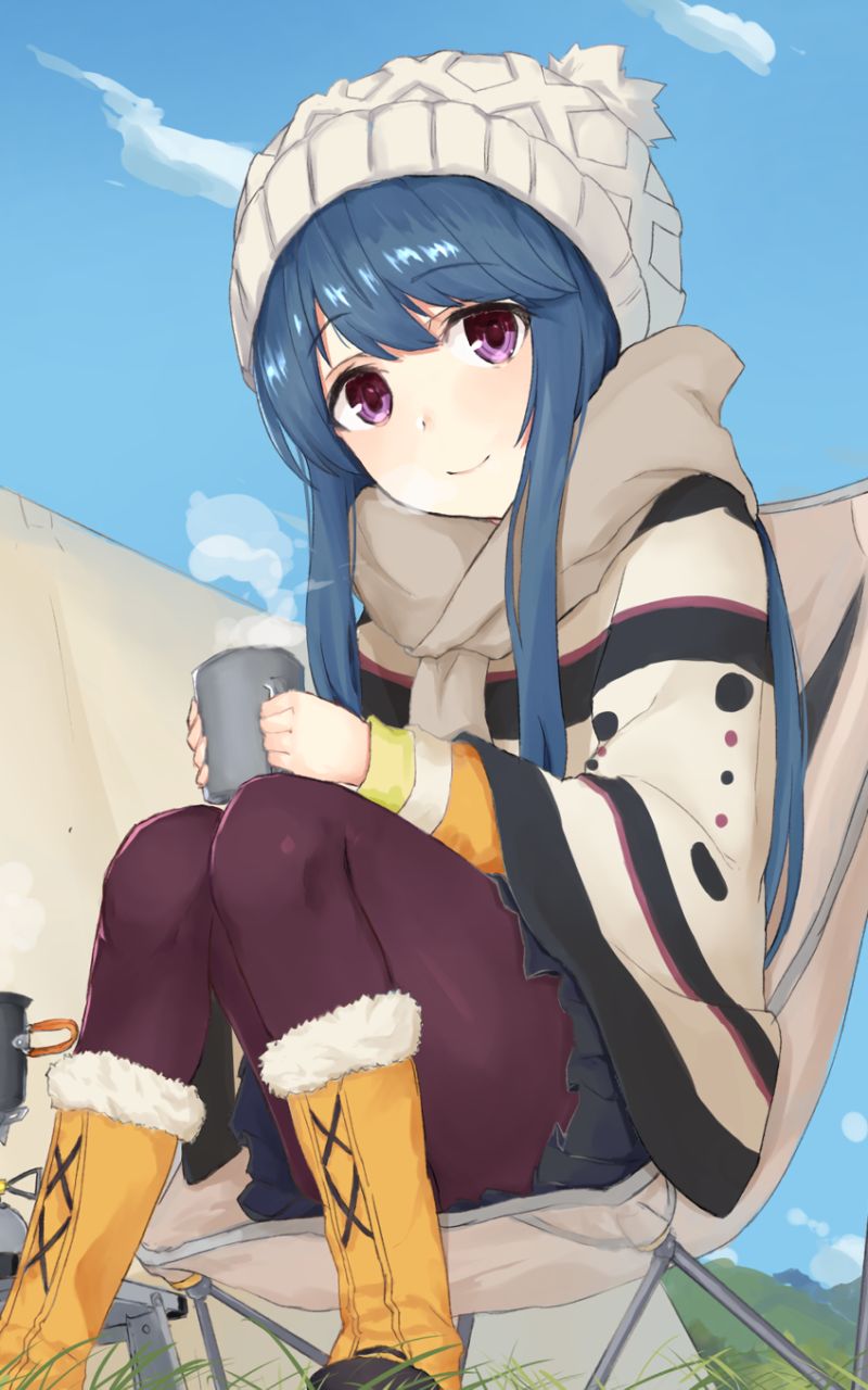 Download mobile wallpaper Anime, Cup, Boots, Hat, Scarf, Blue Hair, Long Hair, Purple Eyes, Laid Back Camp, Rin Shima for free.