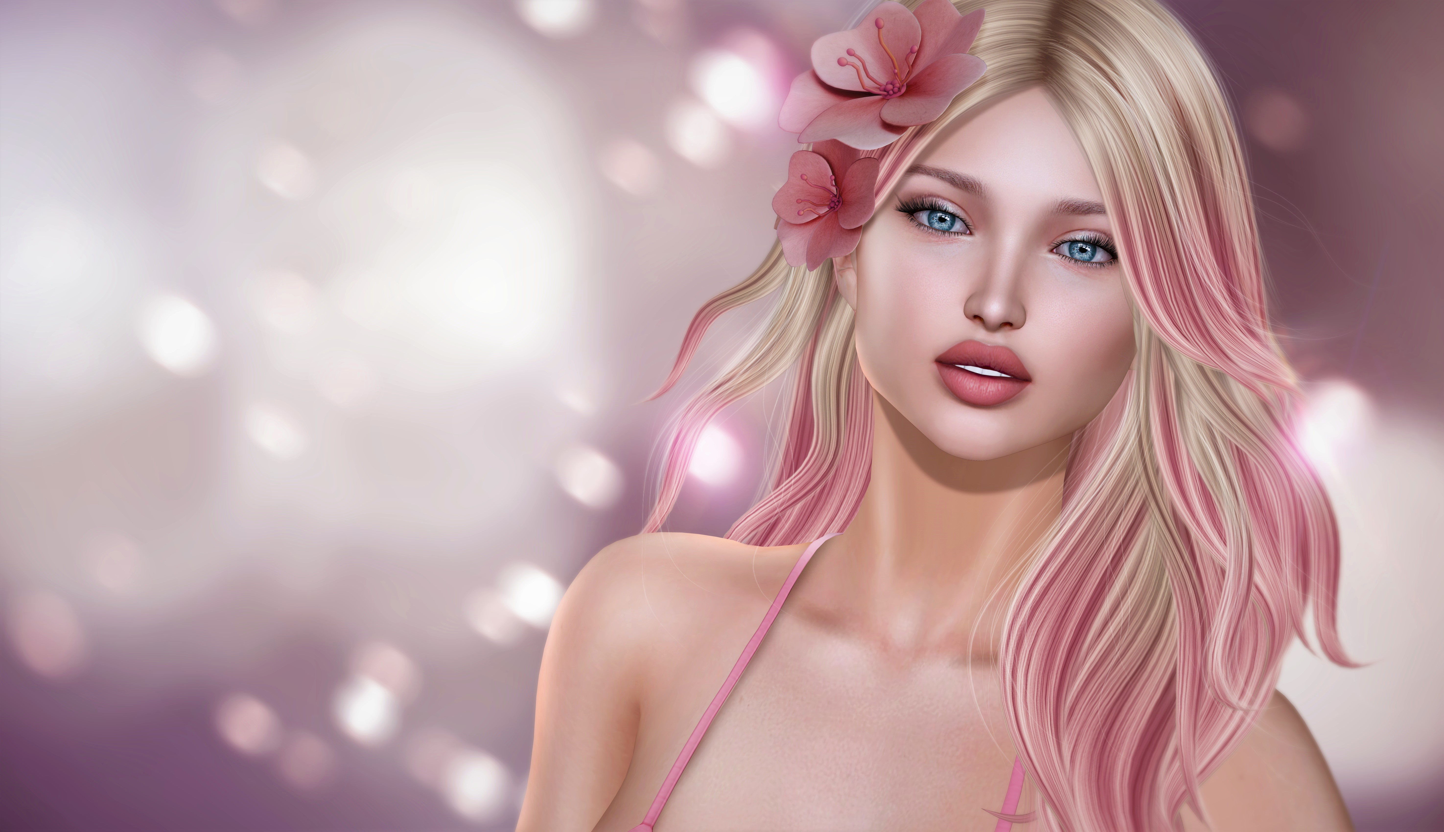 Download mobile wallpaper Fantasy, Pink, Flower, Blonde, Women, Blue Eyes, Lipstick for free.