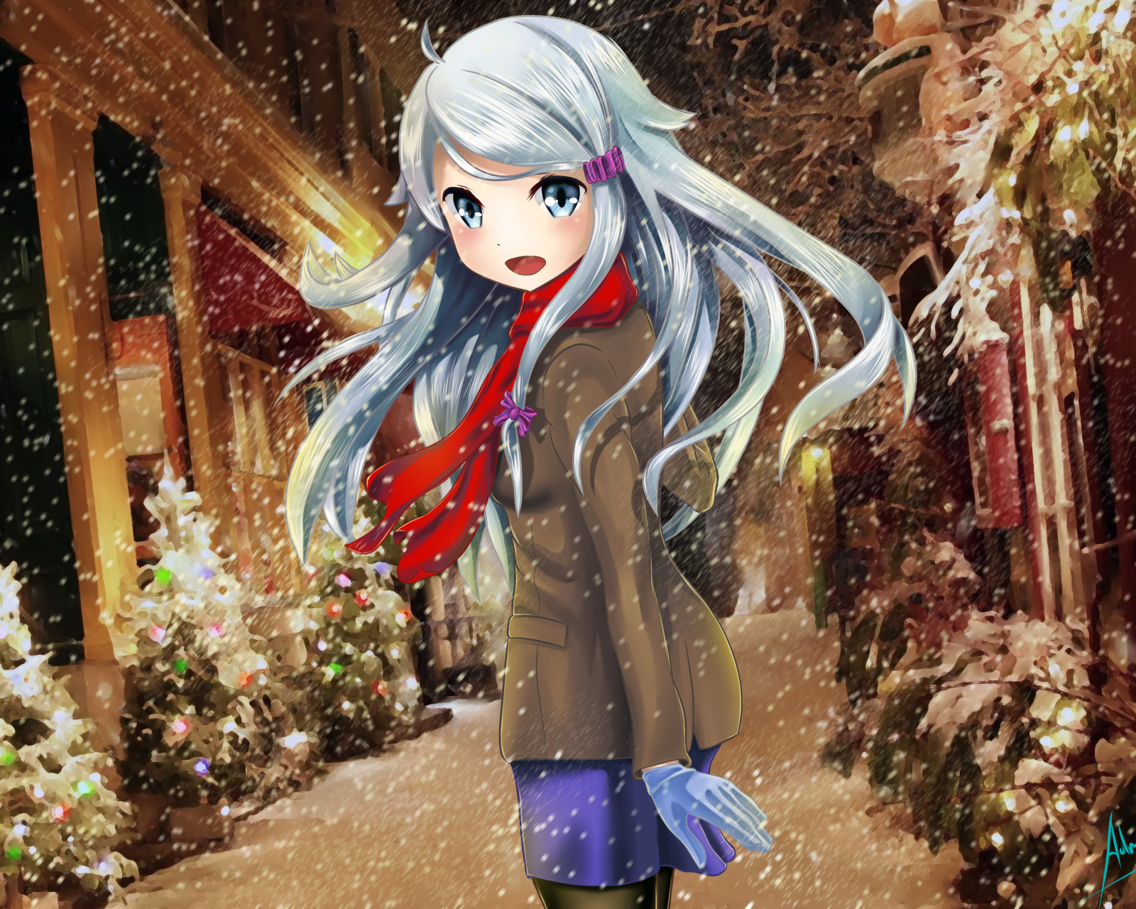 Full HD Wallpaper anime, imouto sae ireba ii, christmas, snow, grey eyes, scarf, white hair, long hair, coat, glove, nayuta kani