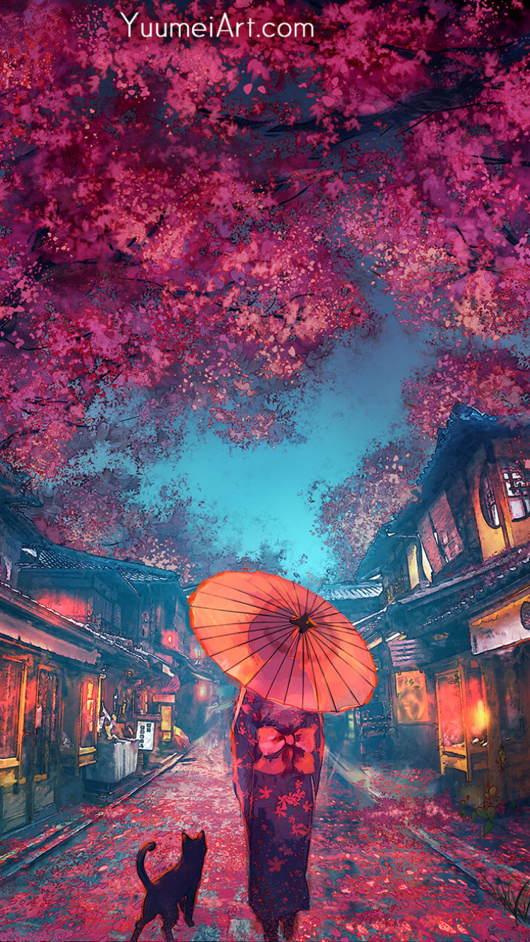 Download mobile wallpaper Anime, Sakura, Girl, Street, Kimono, Parasol for free.