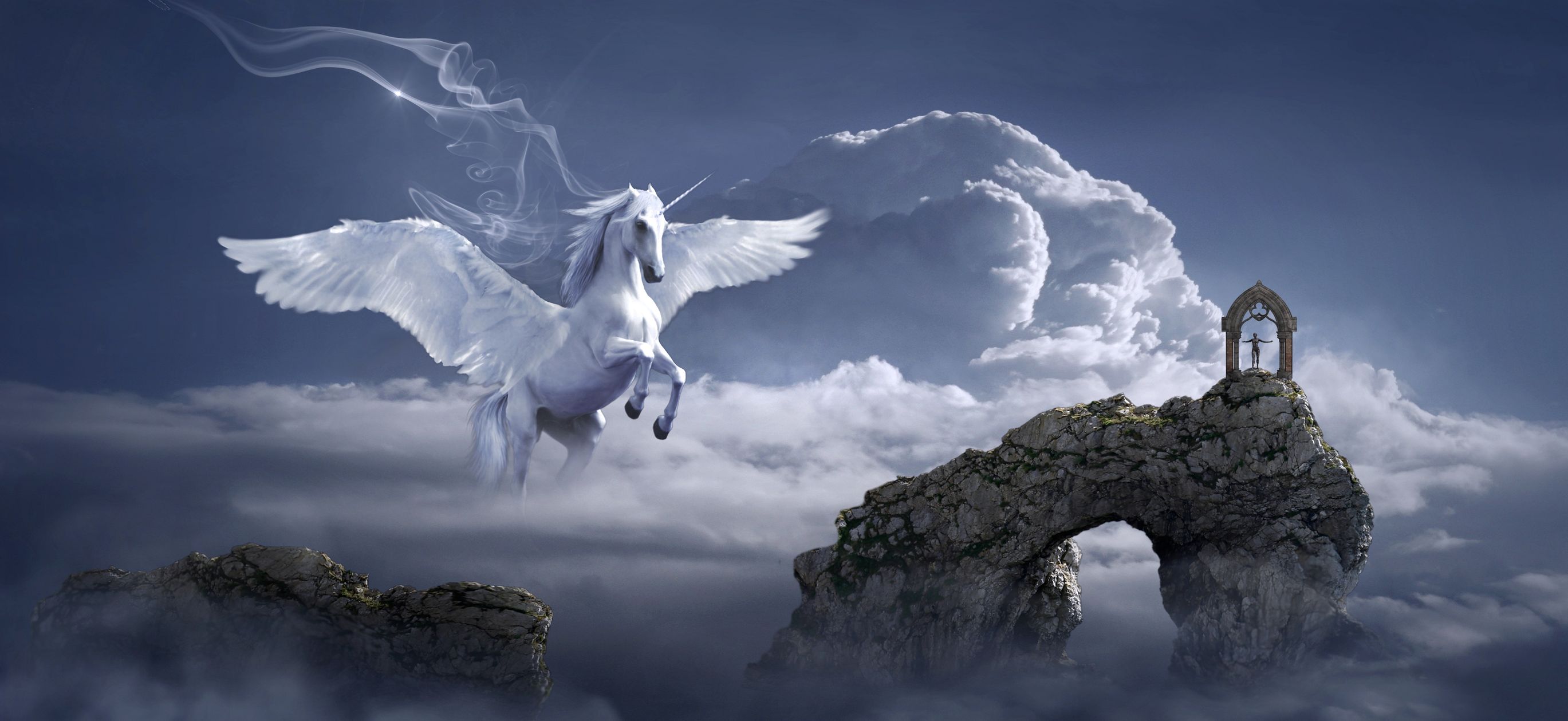 Handy-Wallpaper Fantasie, Wolke, Pegasus, Himmel, Felsentor, Fantasietiere kostenlos herunterladen.