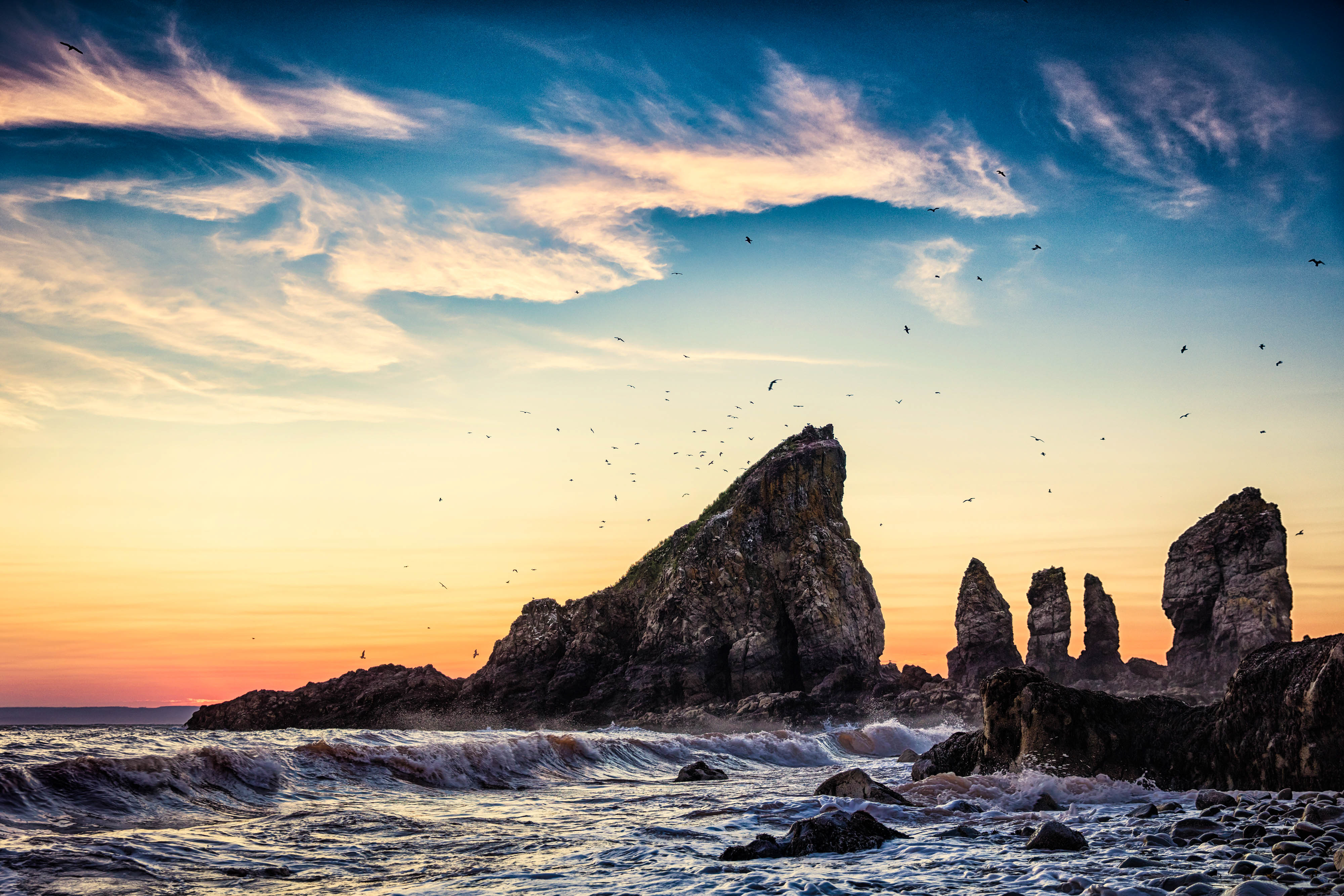 Laden Sie das Natur, Sunset, Felsen, Rock, Cliff, Klippe, Sea, Waves-Bild kostenlos auf Ihren PC-Desktop herunter