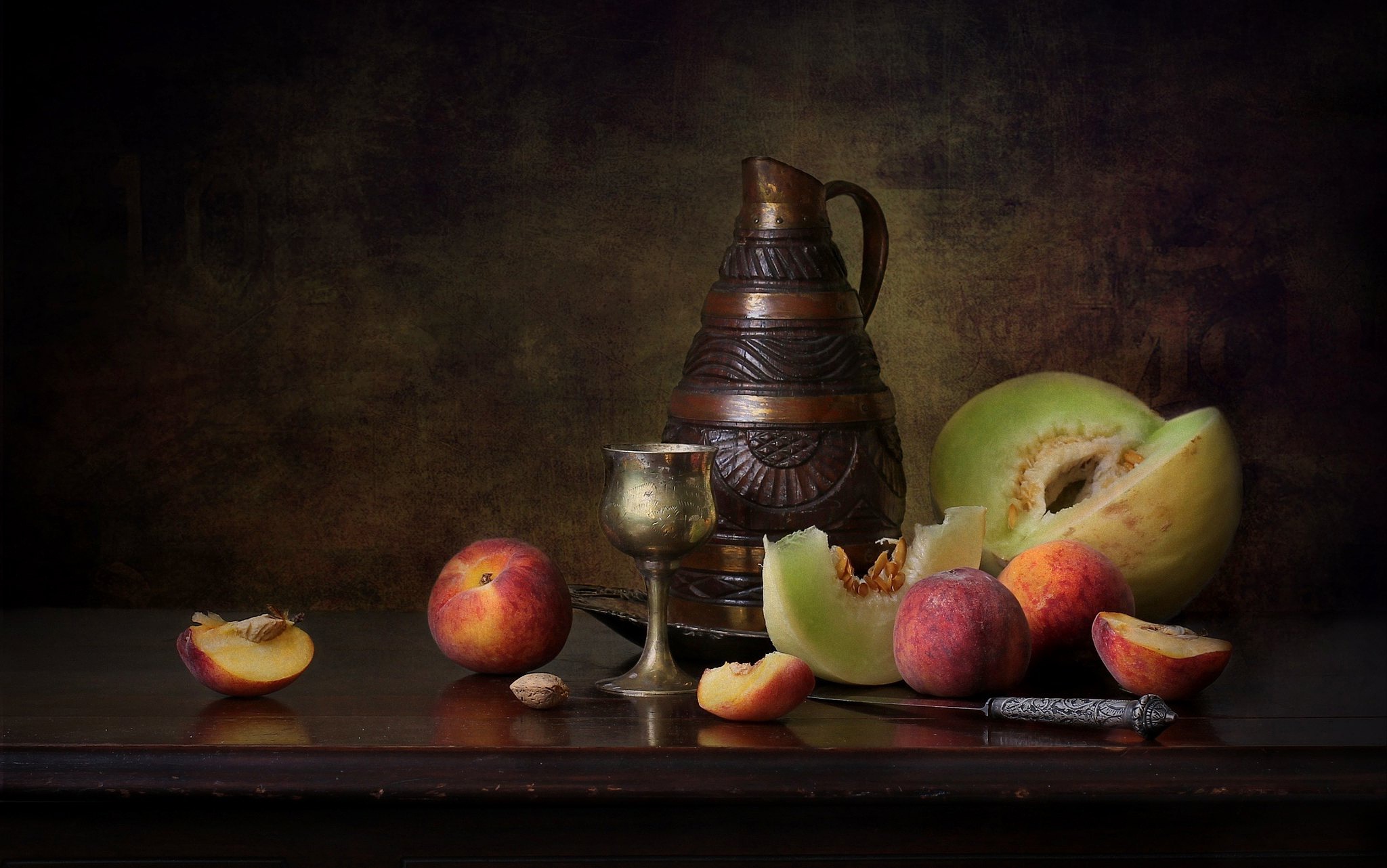 Download mobile wallpaper Still Life, Fruit, Photography, Peach, Knife, Melon, Pitcher, Honeydew Melon for free.