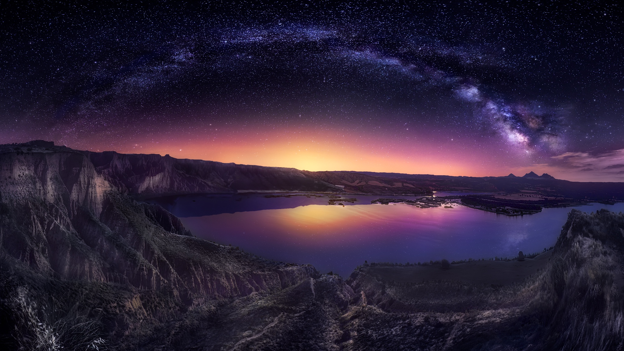 Download mobile wallpaper Sky, Night, Lake, Earth, Milky Way for free.