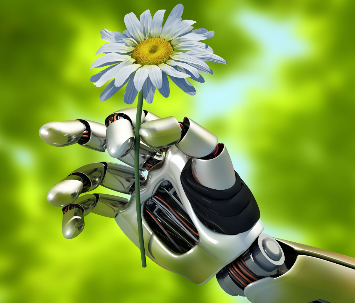 Скачати мобільні шпалери Квітка, Рука, Робот, Створено Людиною, Дейзі безкоштовно.
