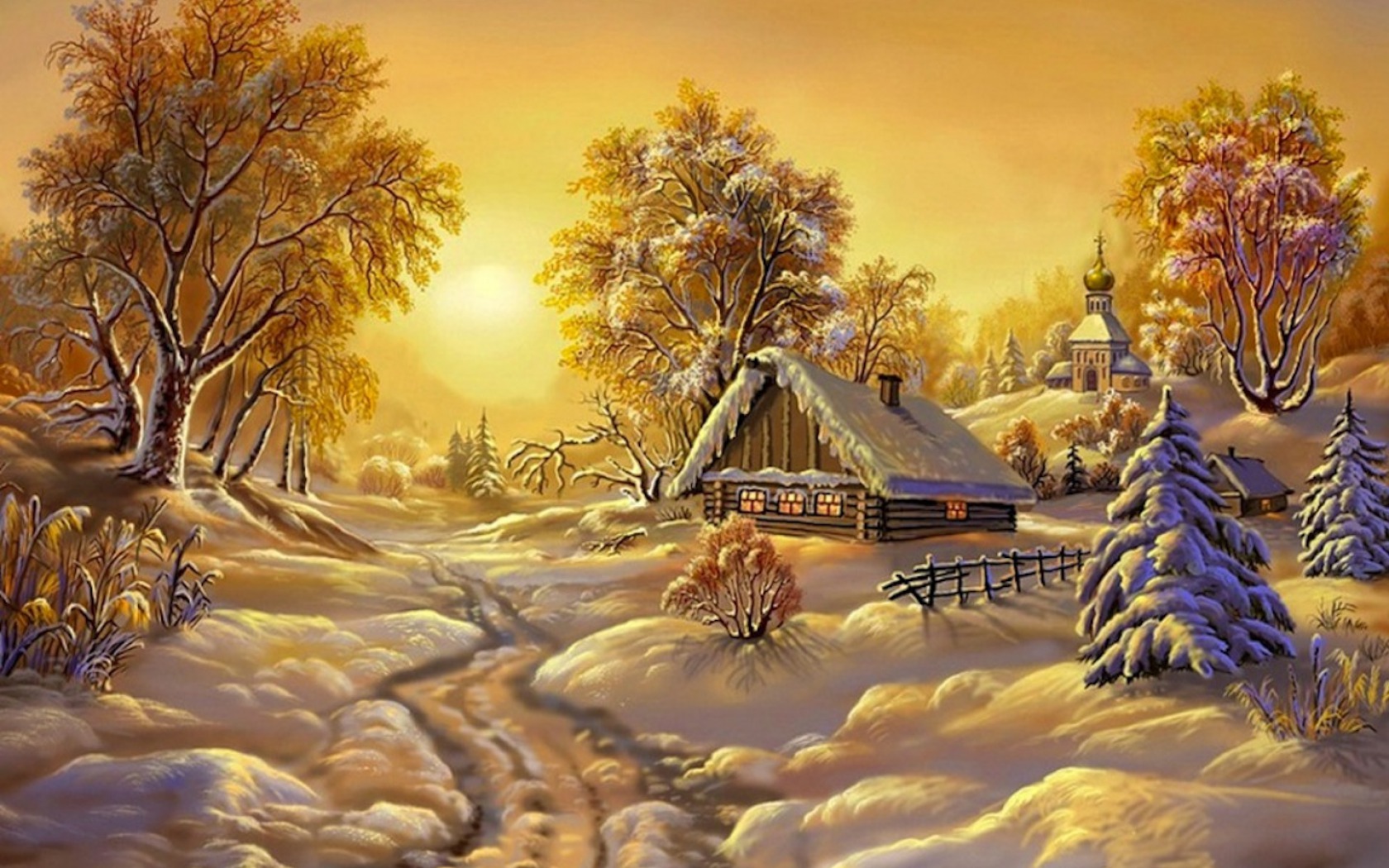 Скачать обои бесплатно Зима, Снег, Дерево, Дом, Картина, Художественные картинка на рабочий стол ПК