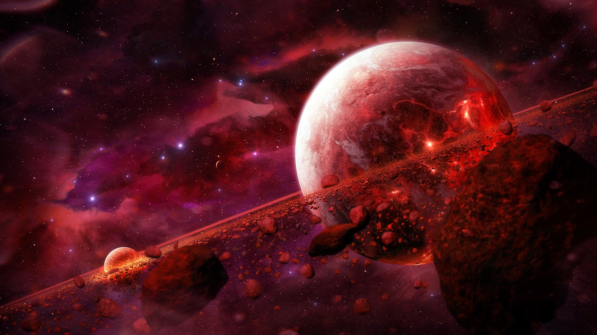 807930 скачать обои красный, научная фантастика, пространство, астероид, туманность, планета - заставки и картинки бесплатно