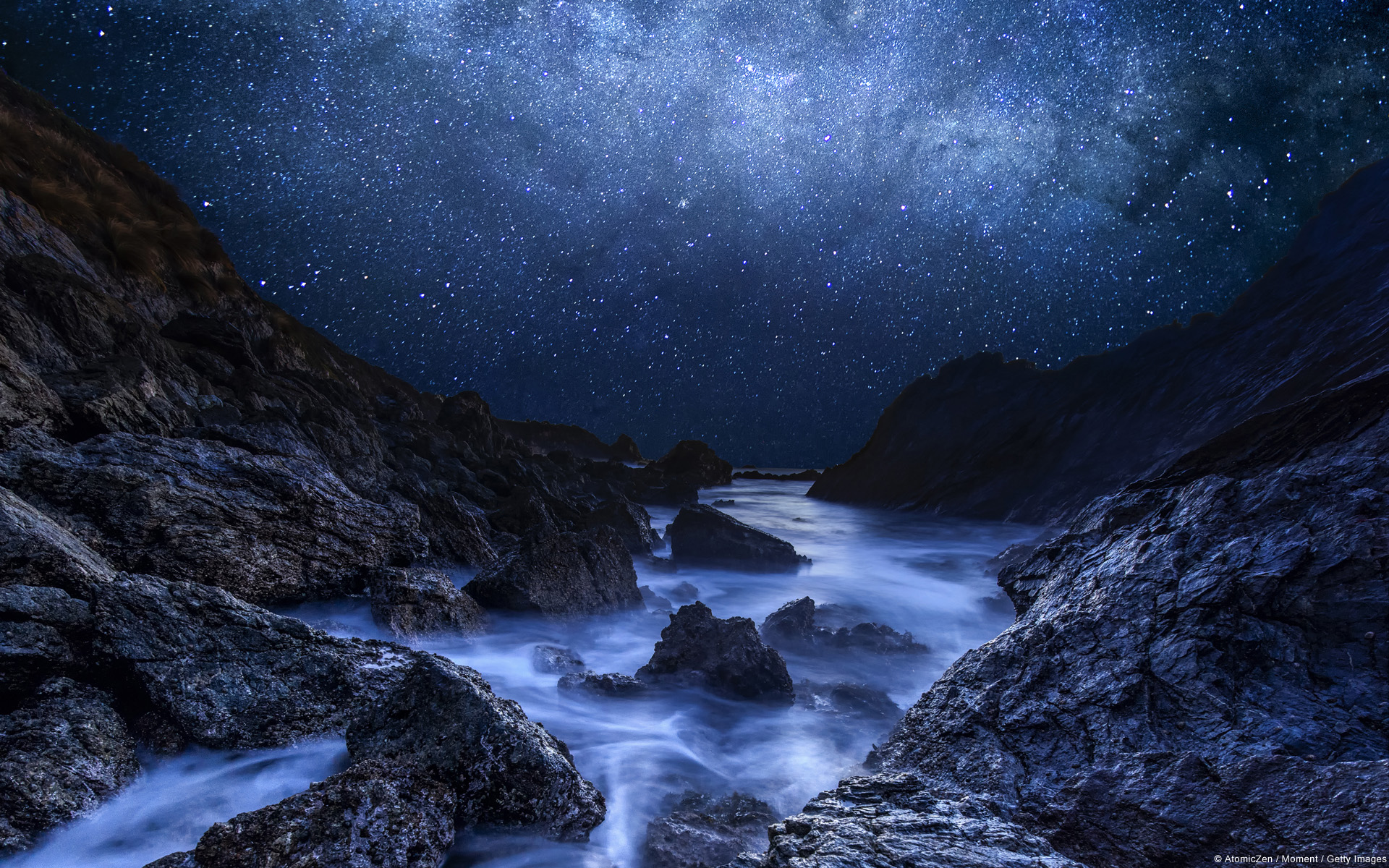 Download mobile wallpaper Stars, Night, Mountain, Starry Sky, Earth, River for free.
