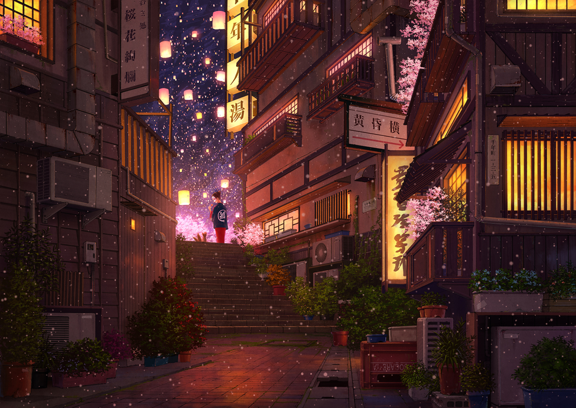 Download mobile wallpaper Anime, Night, Building, Light, Snowfall for free.