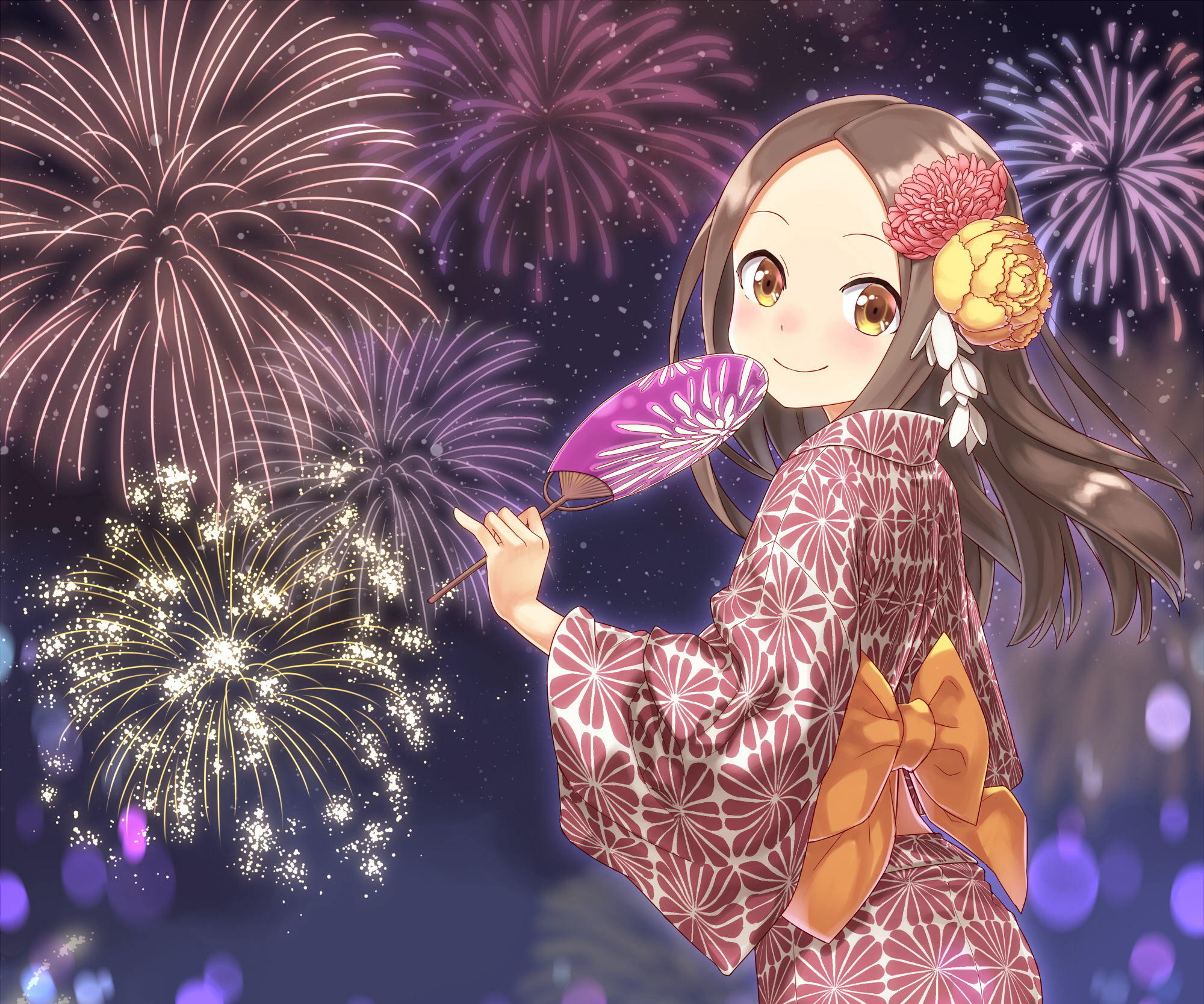 anime, karakai jouzu no takagi san, fireworks, kimono, takagi (karakai jouzu no takagi san)