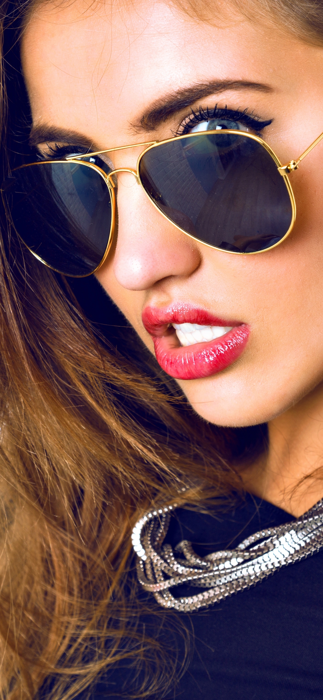 Download mobile wallpaper Face, Sunglasses, Model, Women, Lipstick for free.