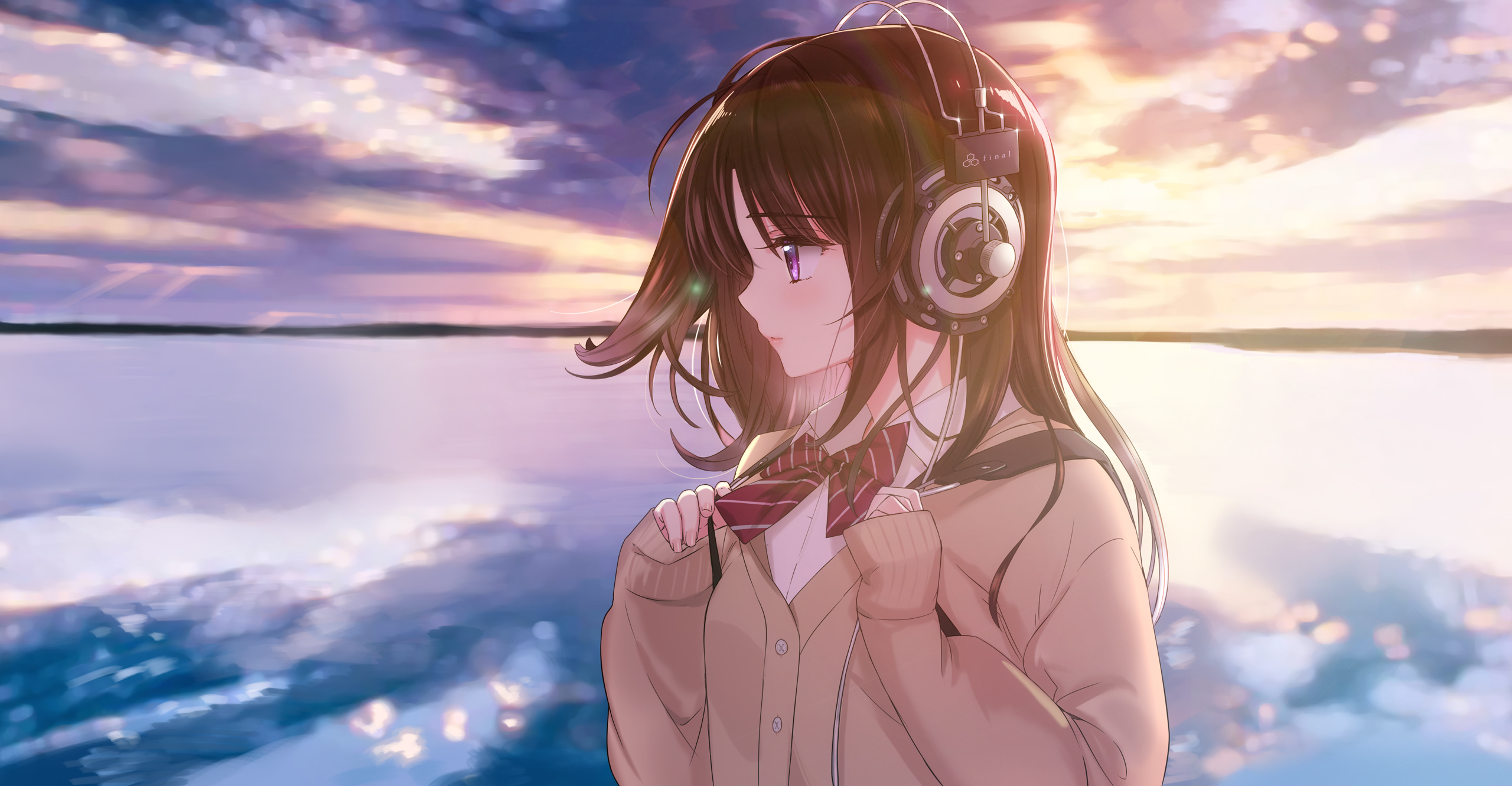 Download mobile wallpaper Anime, Headphones, Long Hair, Brown Hair, Purple Eyes, Bow (Clothing) for free.