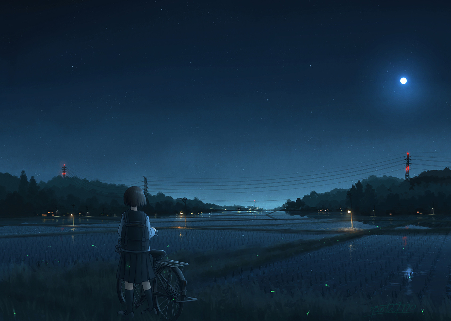Download mobile wallpaper Anime, Sky, Night, Moon, Field, Bag, Bicycle, Original, School Uniform for free.