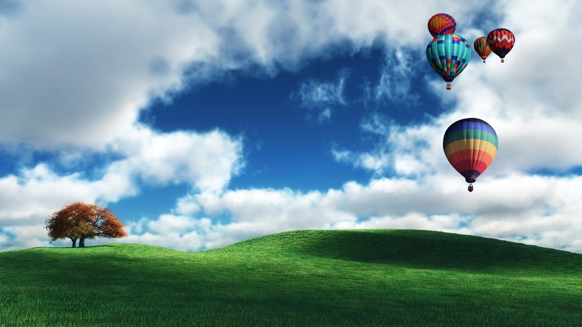 Laden Sie das Feld, Ballon, Fahrzeuge, Heißluftballon, Einsamer Baum-Bild kostenlos auf Ihren PC-Desktop herunter