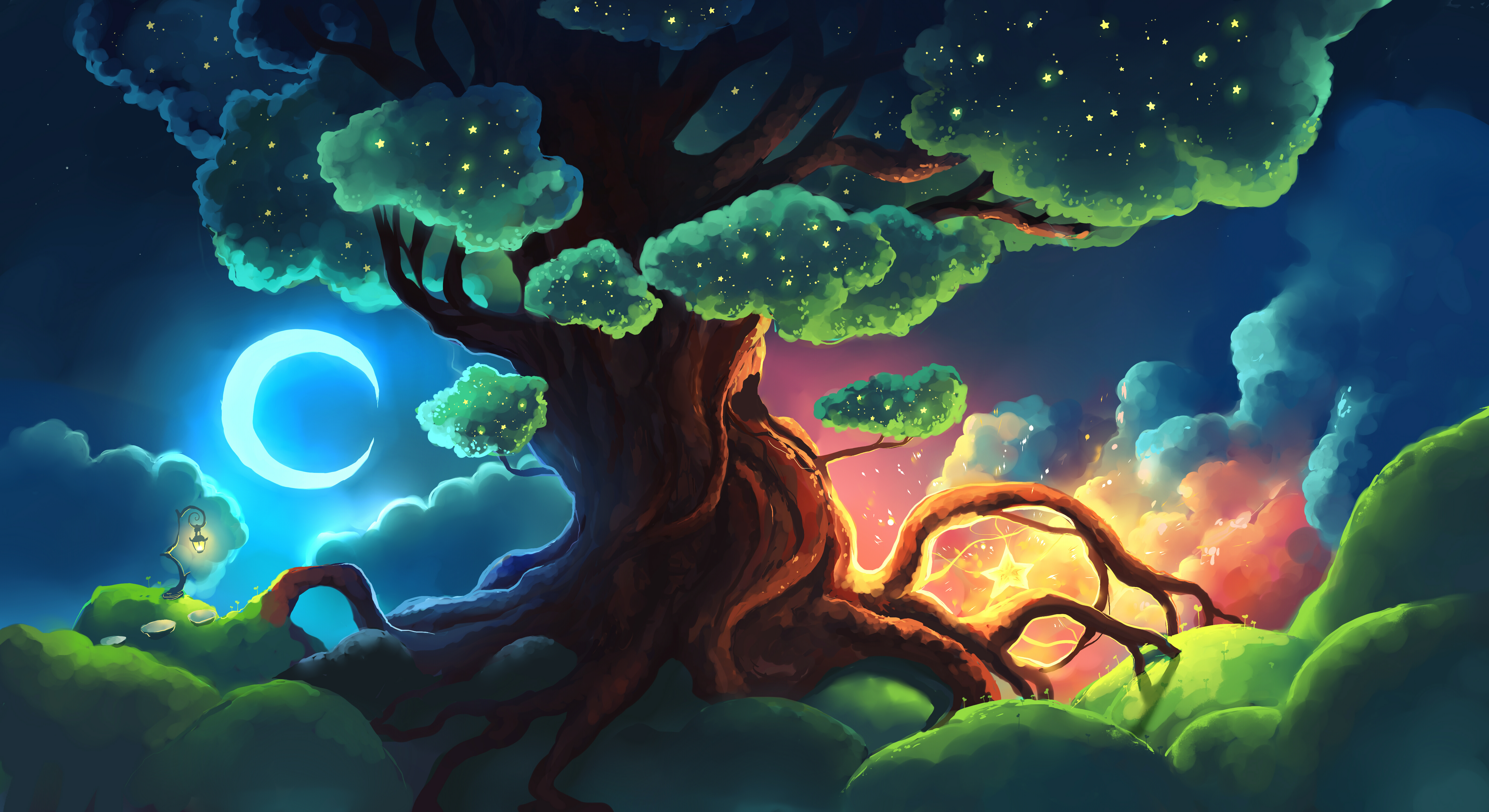 art, glow, stars, night, wood, tree 4K for PC