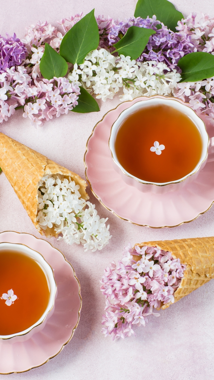 Download mobile wallpaper Food, Lilac, Still Life, Flower, Cup, Tea, Waffle Cone for free.