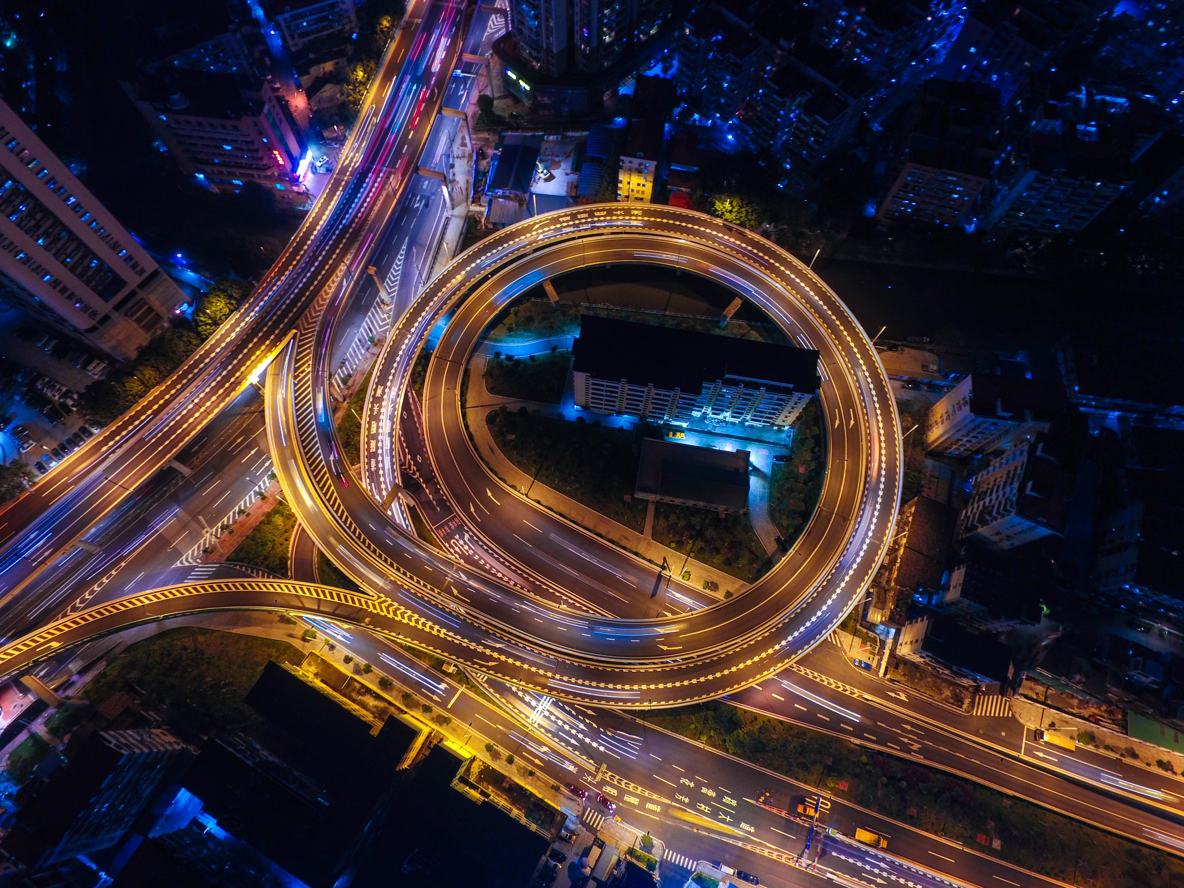 cities, view from above, traffic, movement, night city, interchange, denouement