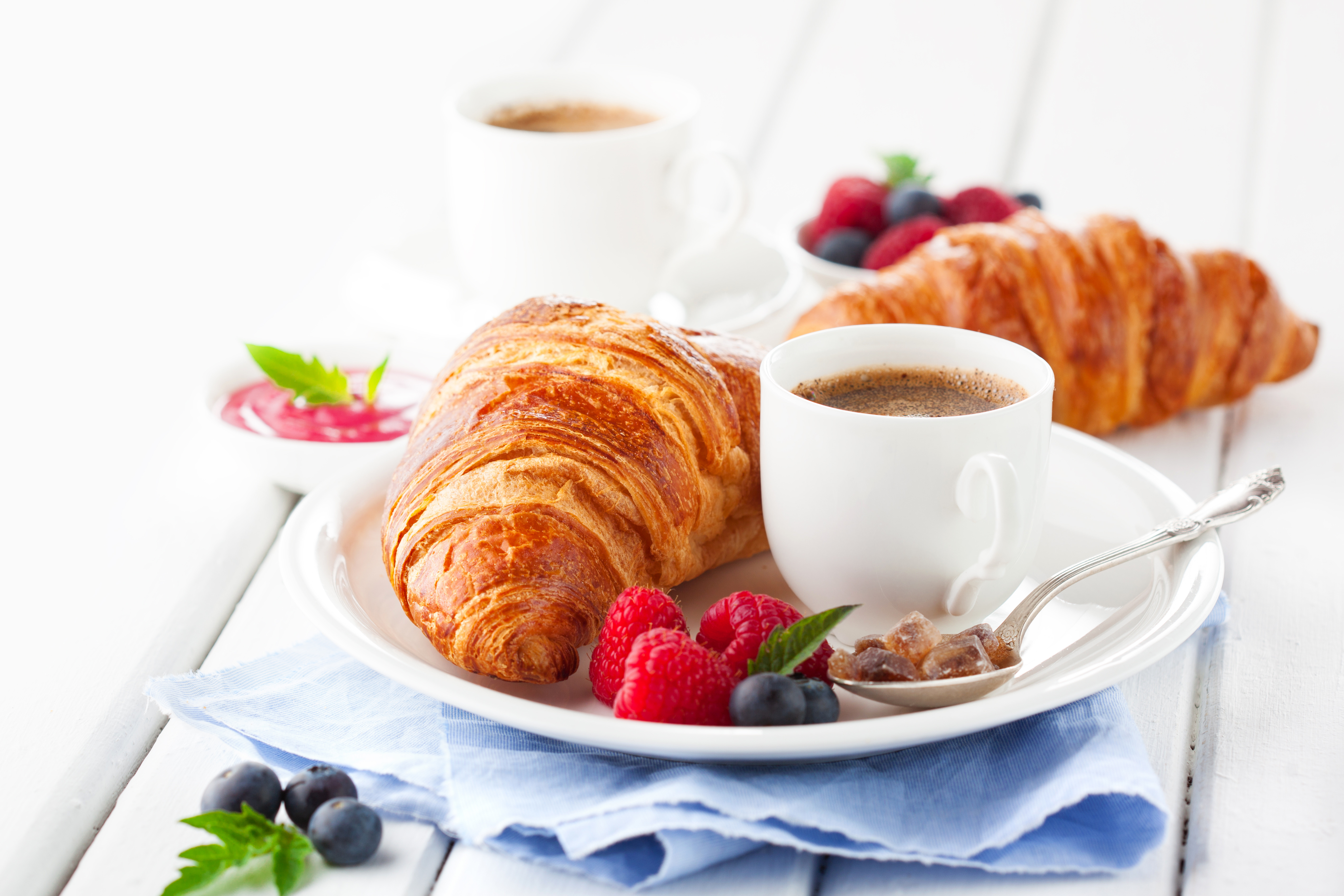 Download mobile wallpaper Food, Blueberry, Raspberry, Coffee, Cup, Breakfast, Croissant for free.