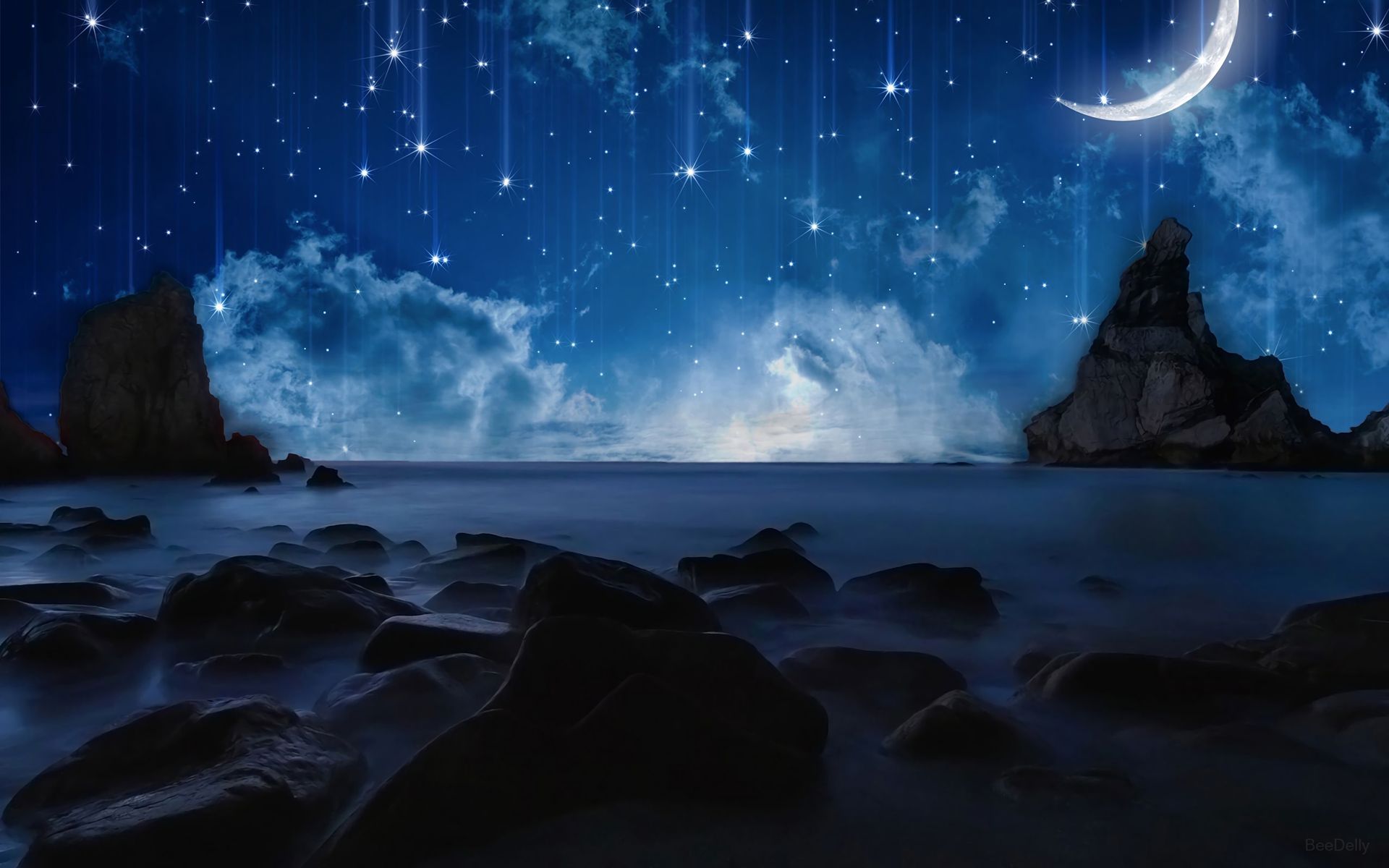 Laden Sie das Mond, Ozean, Himmel, Weltraum, Künstlerisch-Bild kostenlos auf Ihren PC-Desktop herunter