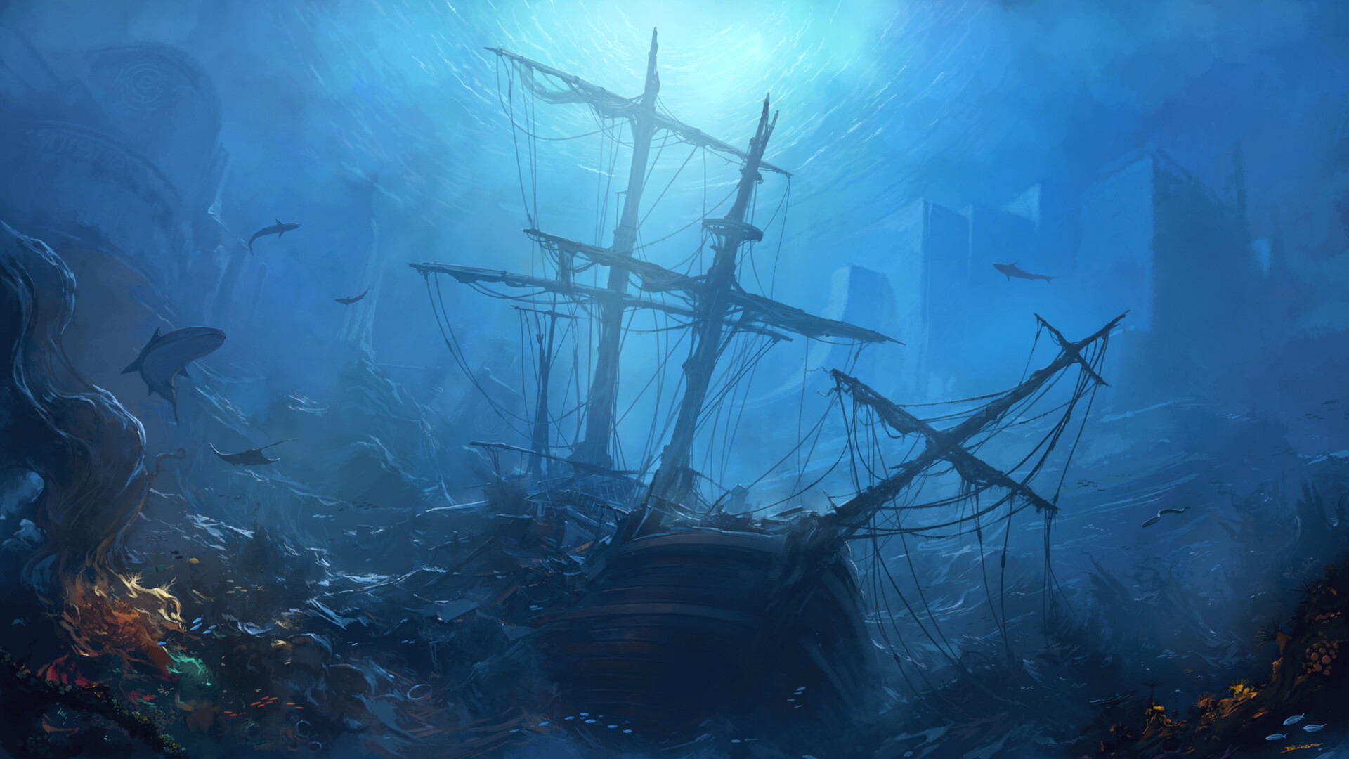Download mobile wallpaper Fantasy, Ship, Underwater, Shark, Wreck for free.