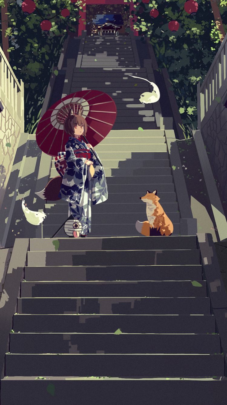 1297631 baixar papel de parede anime, the stairs, orelhas de animais, quimono, espírito, torii, guarda chuva, cabelo castanho, cabelo curto, raposa, olhos laranja, oriental - protetores de tela e imagens gratuitamente
