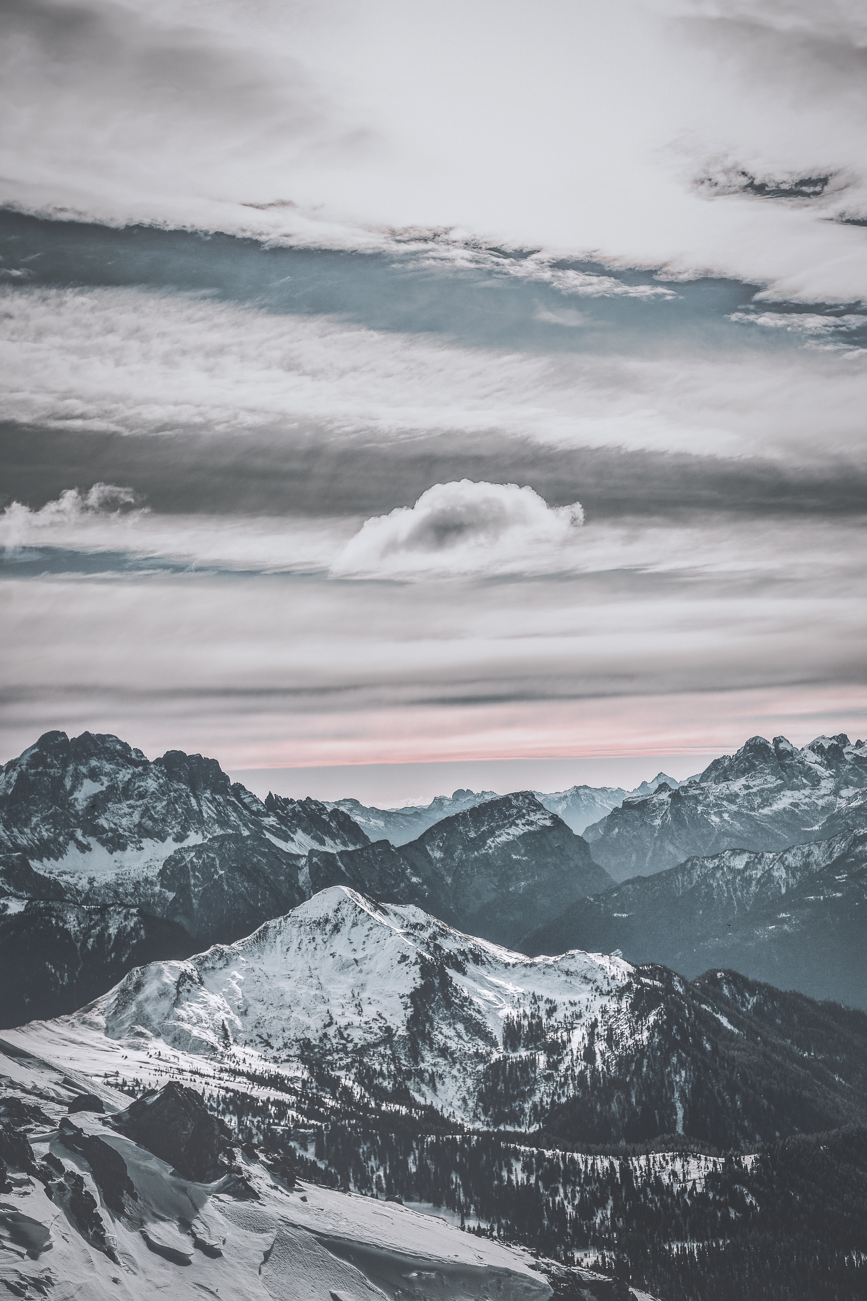 Download mobile wallpaper Top, Snow, Vertex, Snowbound, Clouds, Winter, Sky, Snow Covered, Mountains, Sunset, Nature for free.