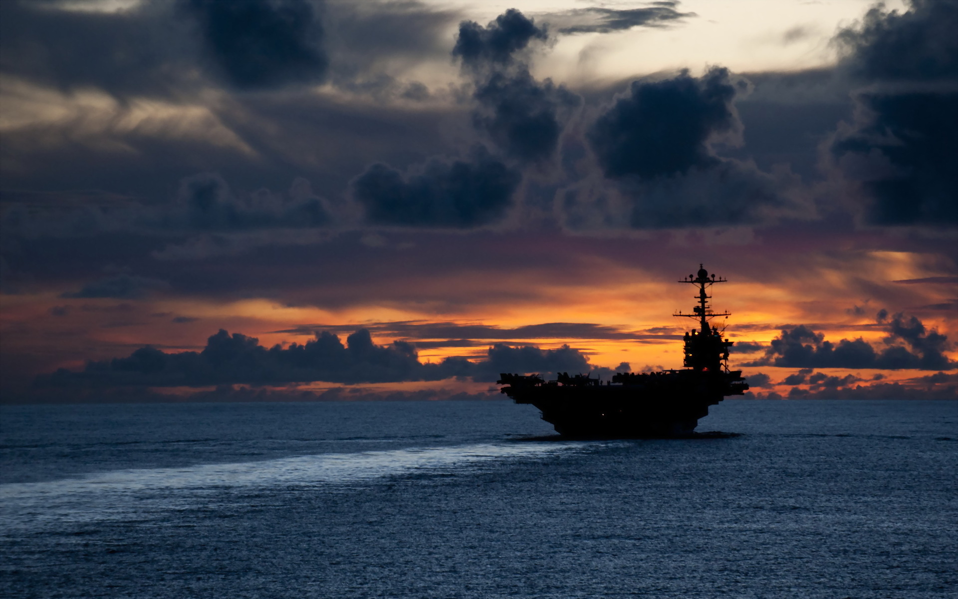 Download mobile wallpaper Sunset, Sea, Ocean, Ship, Cloud, Military, Aircraft Carrier for free.