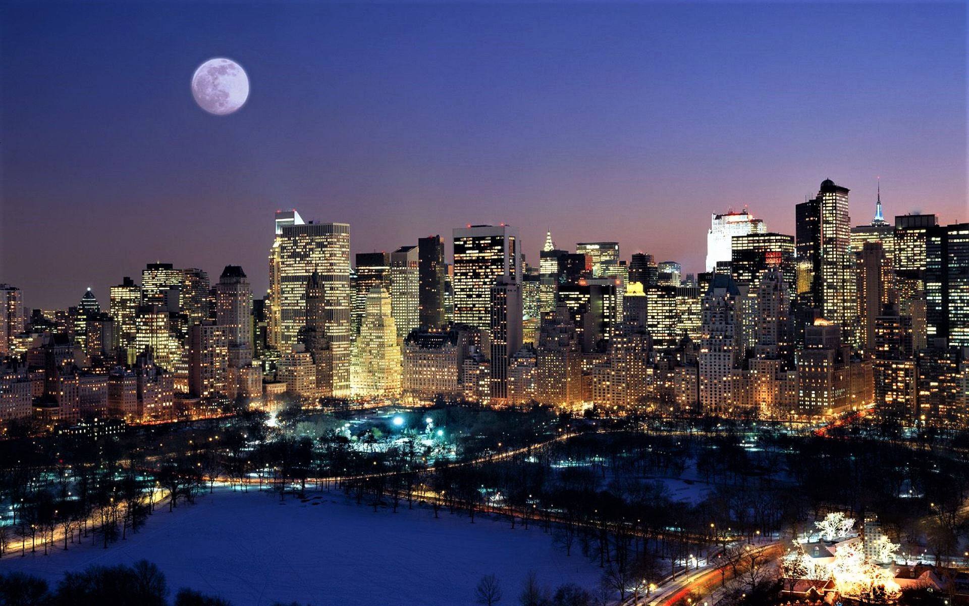 Скачать обои бесплатно Луна, Город, Нью Йорк, Строительство, Сделано Человеком, Манхэттен картинка на рабочий стол ПК