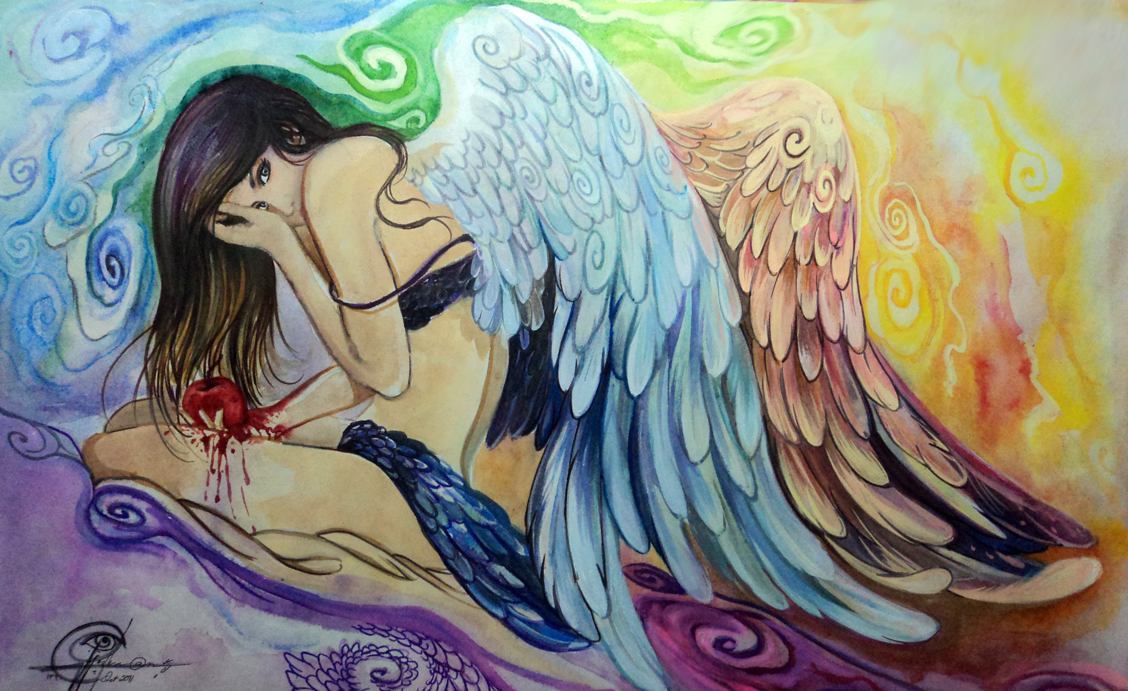 Laden Sie das Fantasie, Engel, Blut, Flügel, Traurig-Bild kostenlos auf Ihren PC-Desktop herunter