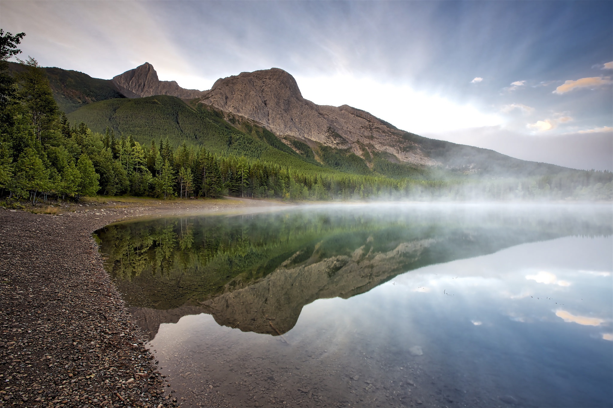 Free download wallpaper Nature, Mountain, Lake, Reflection, Forest, Fog, Earth on your PC desktop