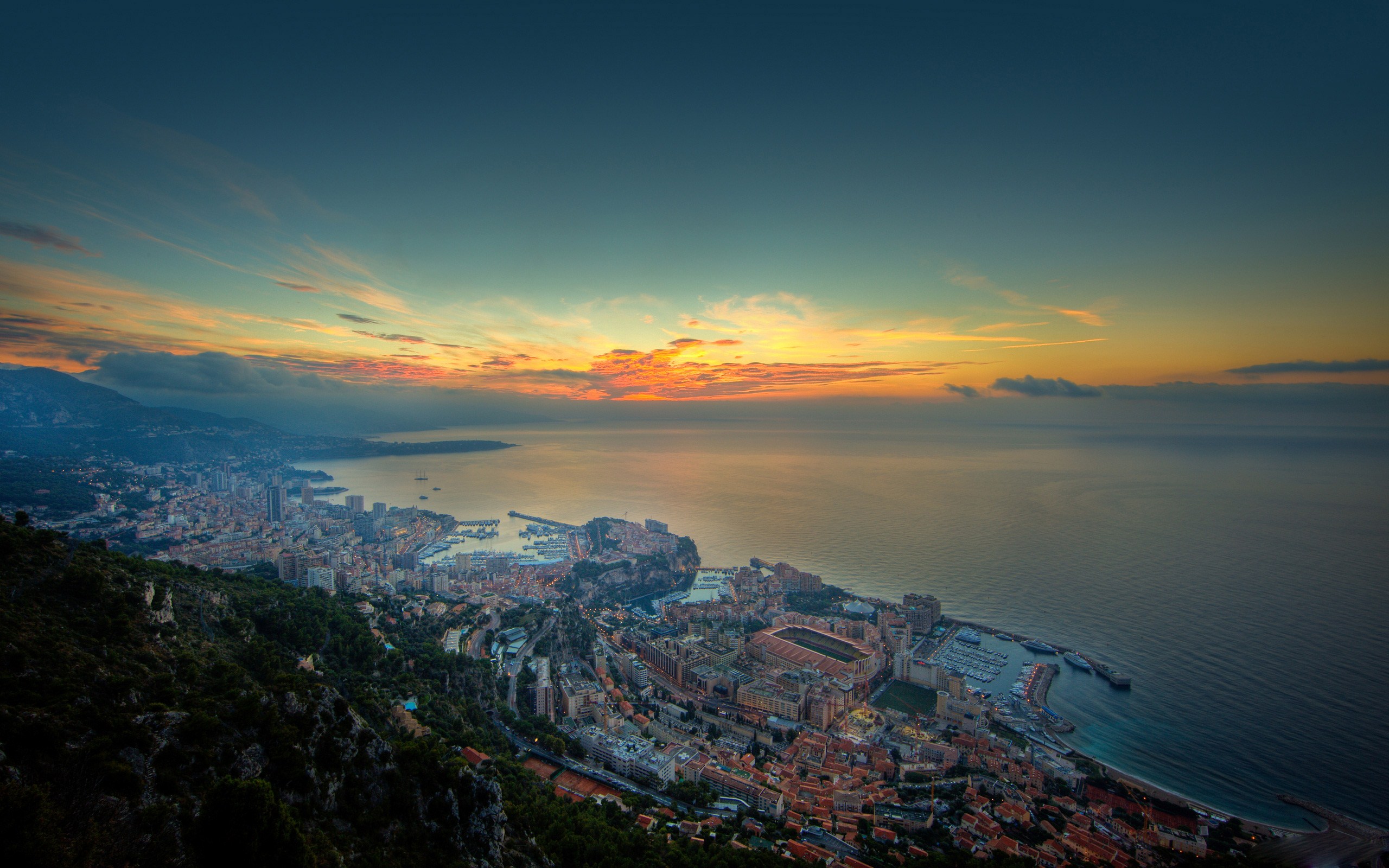 Скачать обои бесплатно Пейзаж, Город, Океан, Hdr, Монако, Сделано Человеком, Закат Солнца картинка на рабочий стол ПК