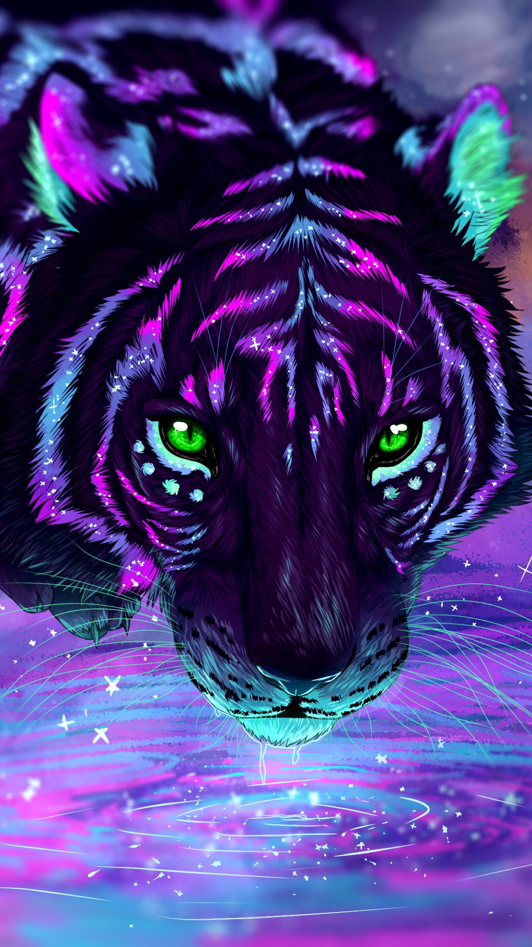 Download mobile wallpaper Water, Fantasy, Night, Reflection, Tiger, Green Eyes, Fantasy Animals for free.