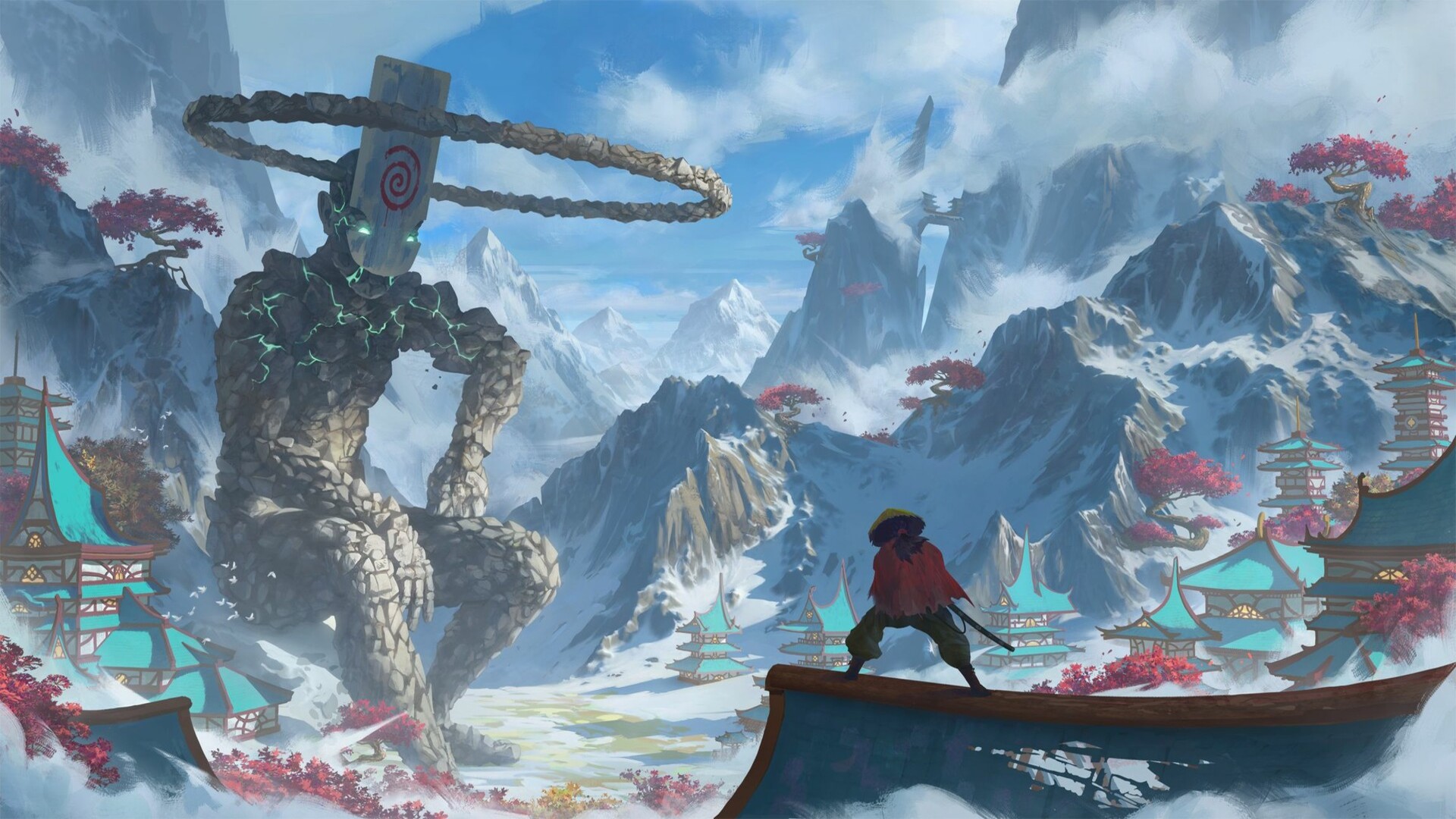 Download mobile wallpaper Fantasy, Mountain, Samurai, Giant for free.