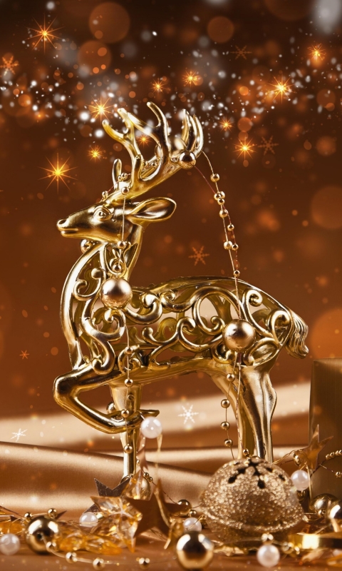 Download mobile wallpaper Gold, Christmas, Holiday, Gift, Bokeh, Christmas Ornaments, Reindeer for free.