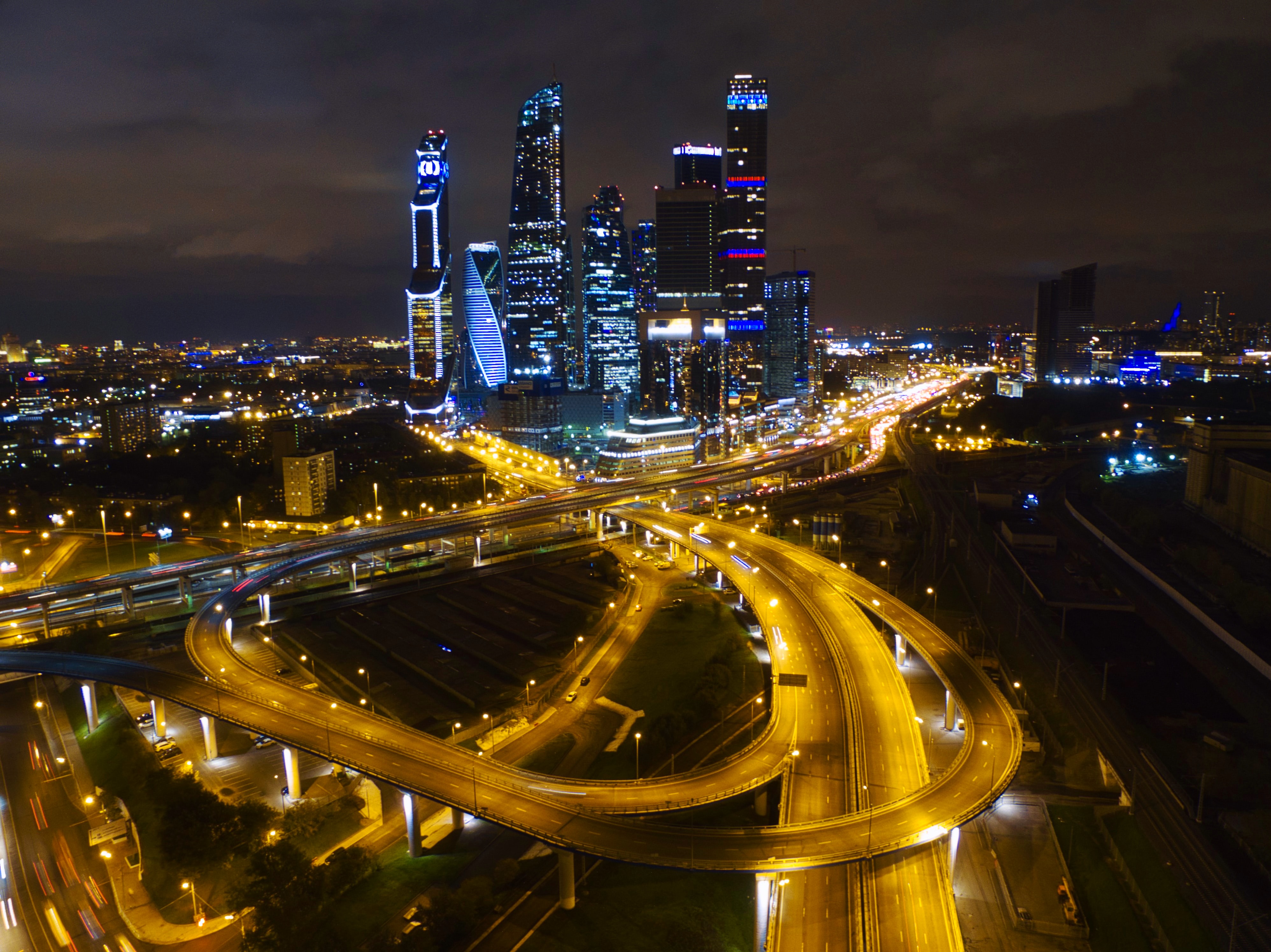 cities, roads, night, moskow, city, building, view from above, russia