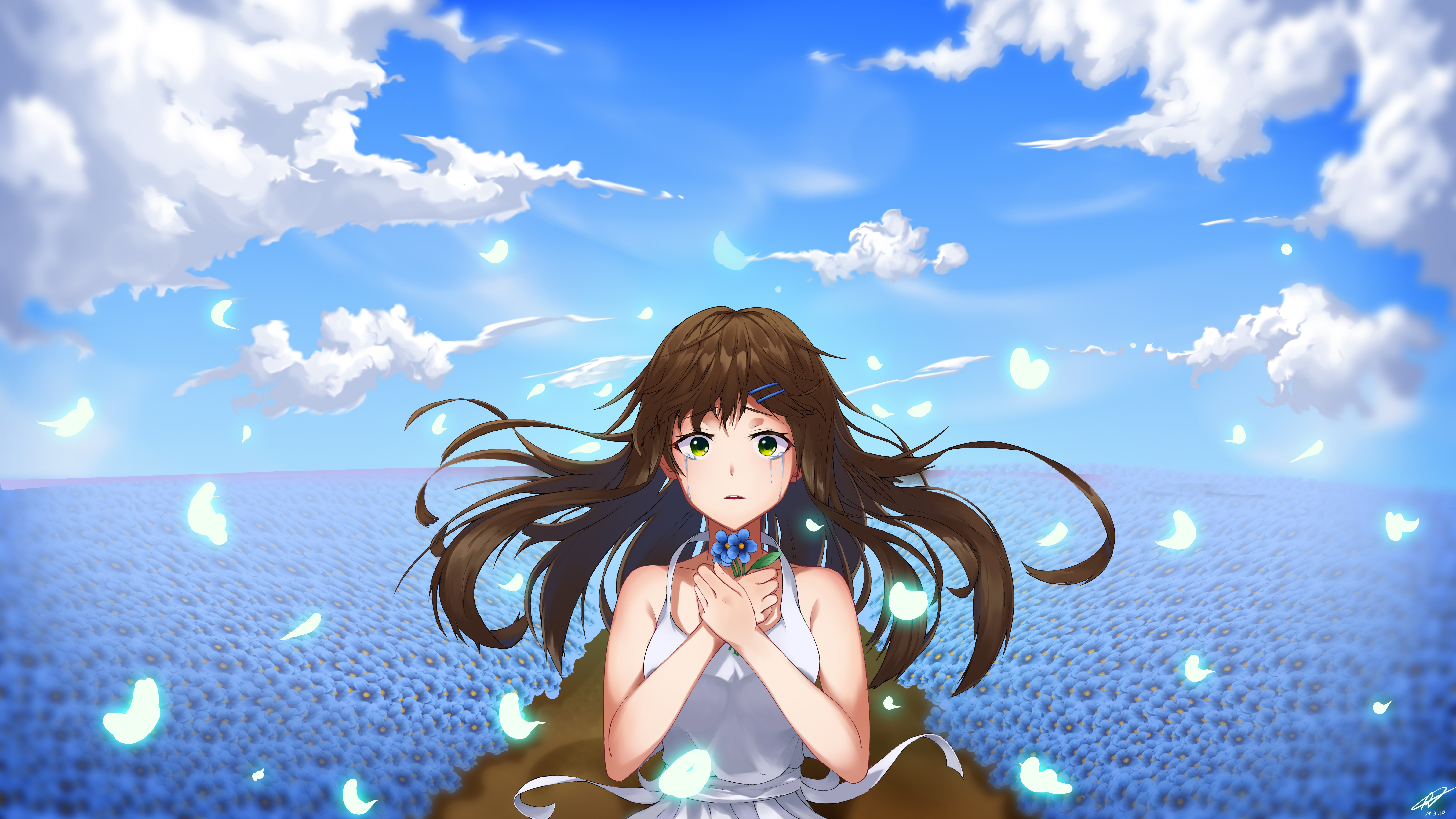 Download mobile wallpaper Anime, Green Eyes, Original, Brown Eyes, Crying for free.