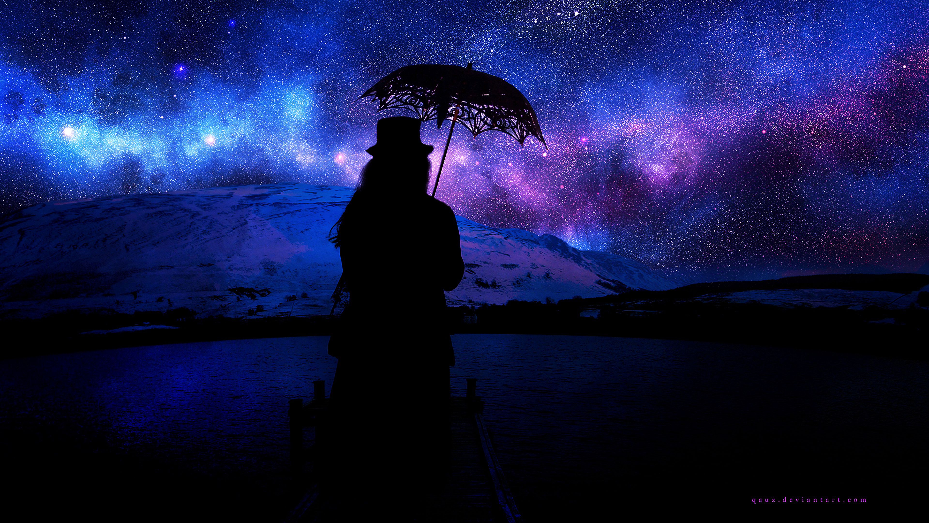 Download mobile wallpaper Starry Sky, Silhouette, Umbrella, Universe, Dark for free.