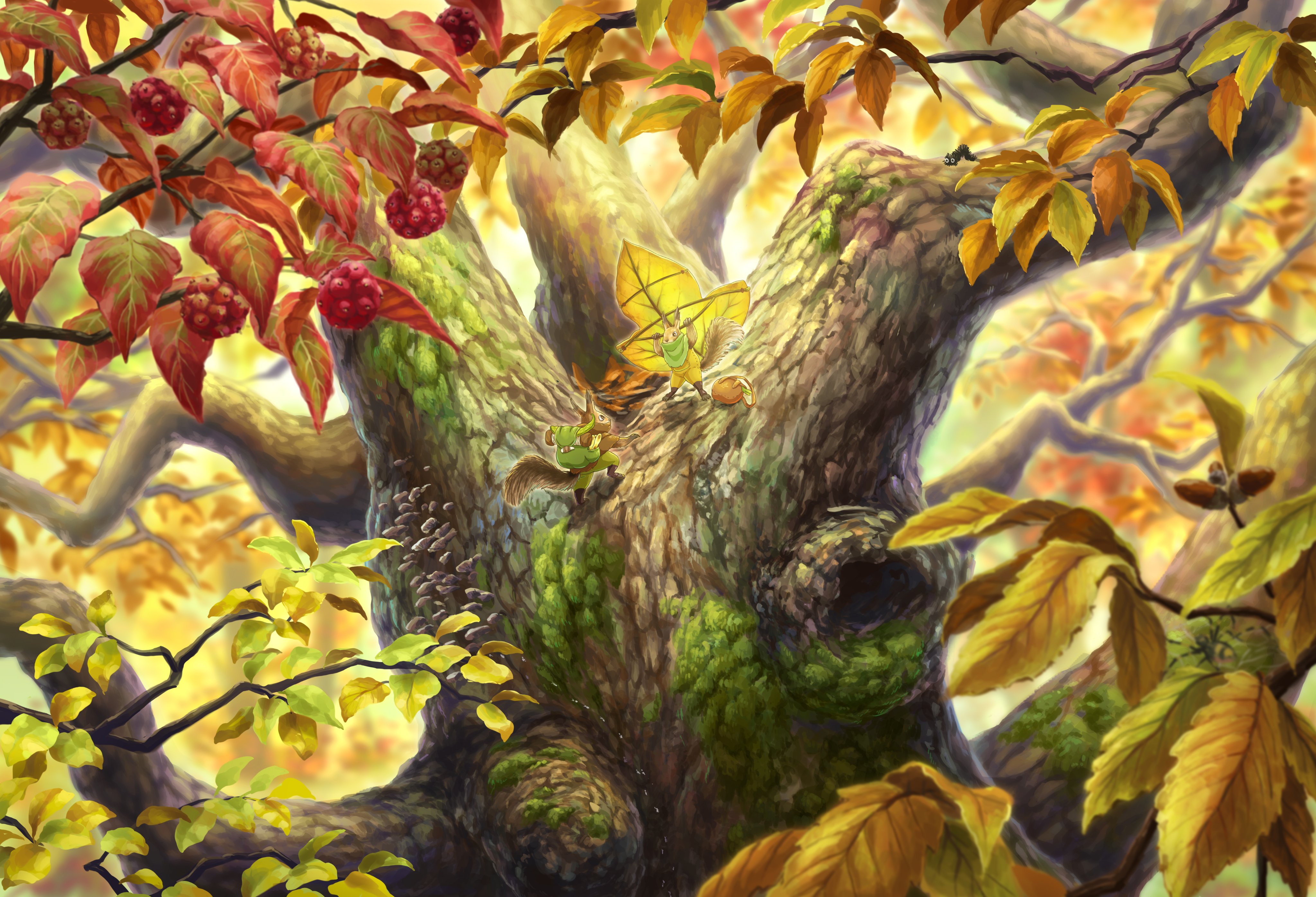 Download mobile wallpaper Fantasy, Tree, Leaf, Fall, Branch, Animal, Fantasy Animals for free.
