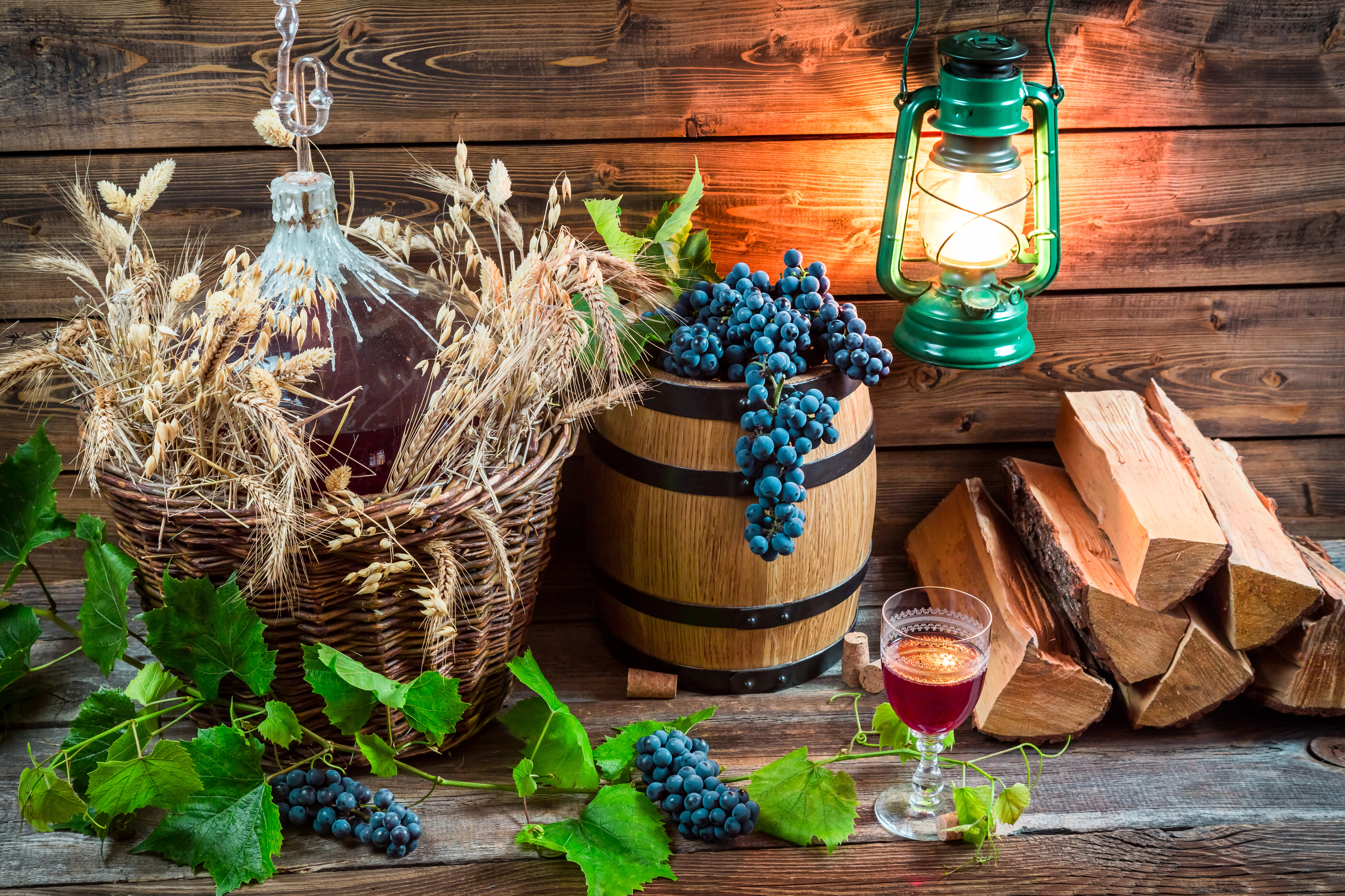 barrel, basket, still life, photography, glass, grapes, lantern, log, wine
