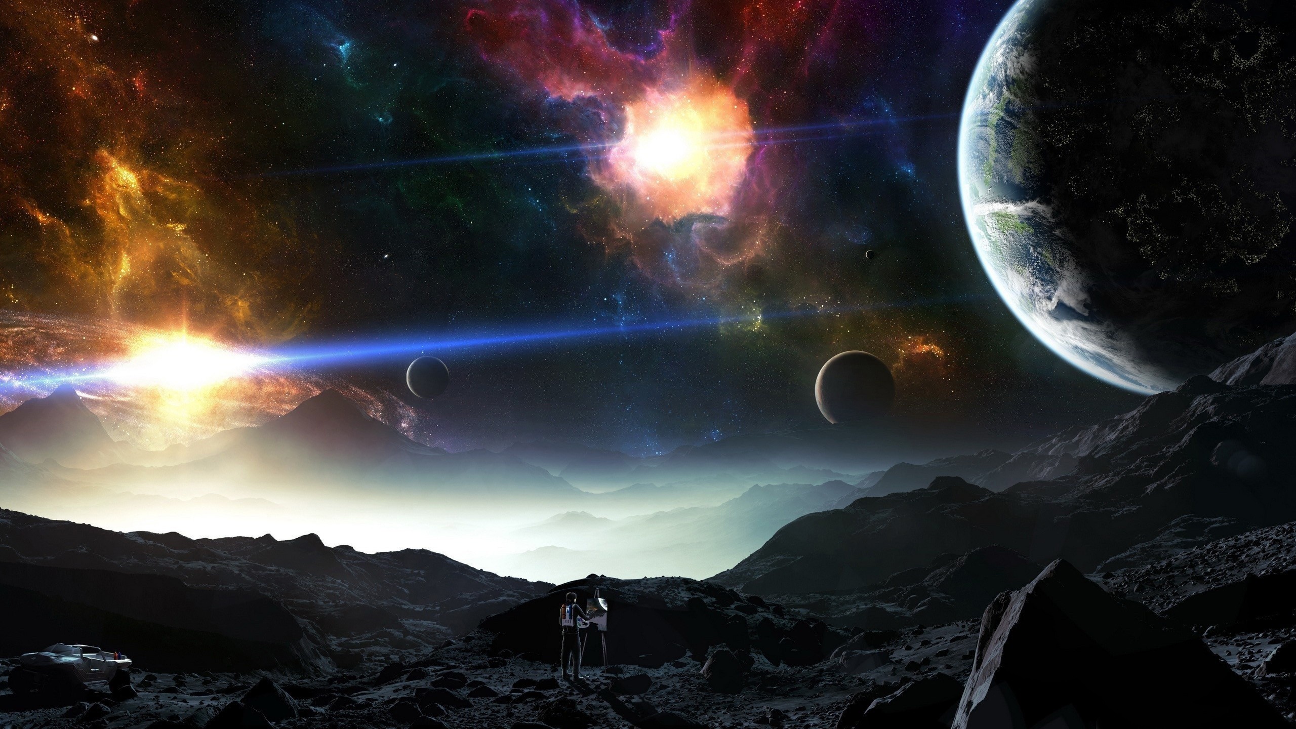 Download mobile wallpaper Sun, Moon, Galaxy, Sci Fi, Astronaut for free.
