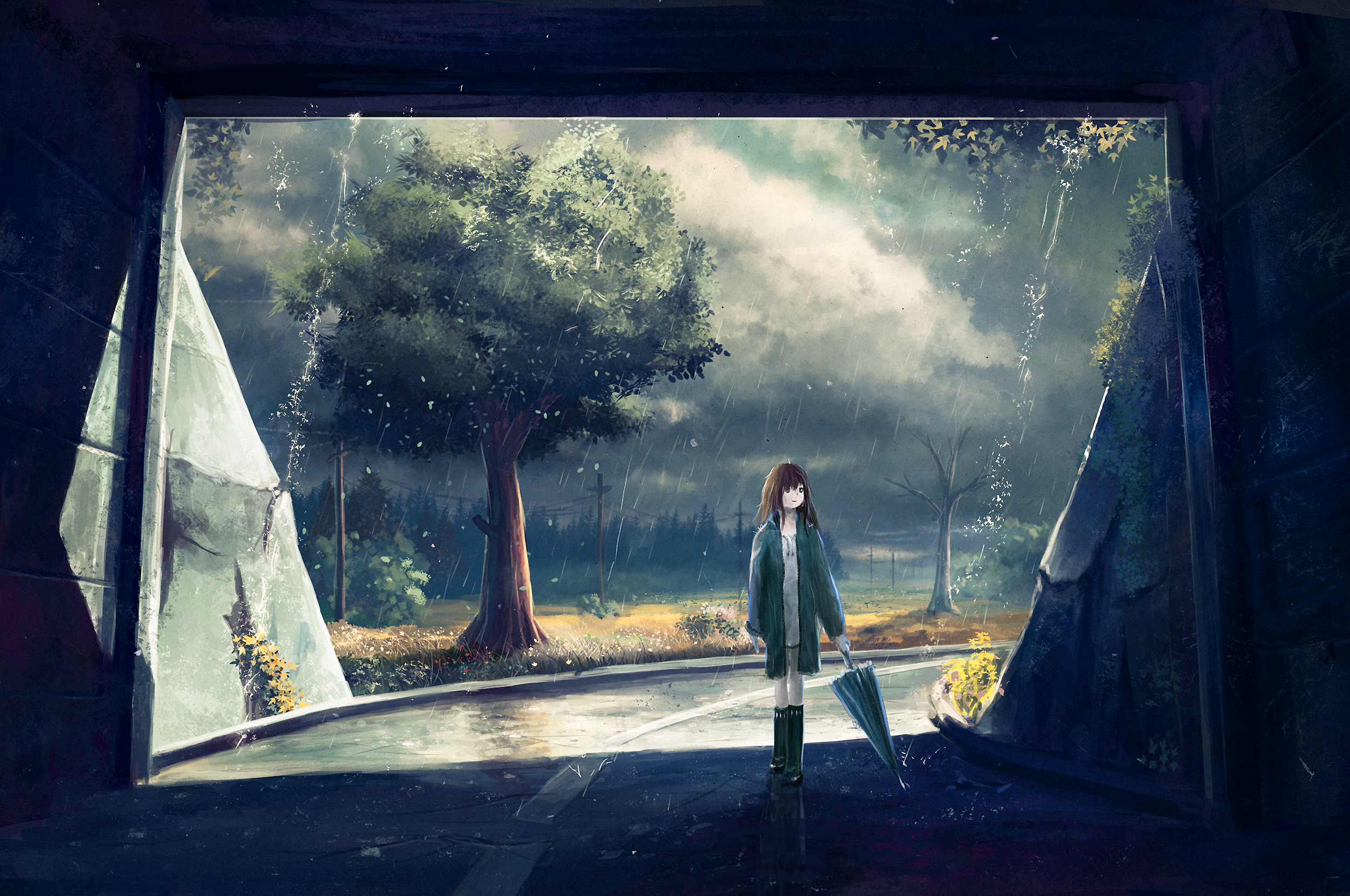 Laden Sie das Mädchen, Regen, Baum, Regenschirm, Wolke, Tunnel, Animes-Bild kostenlos auf Ihren PC-Desktop herunter