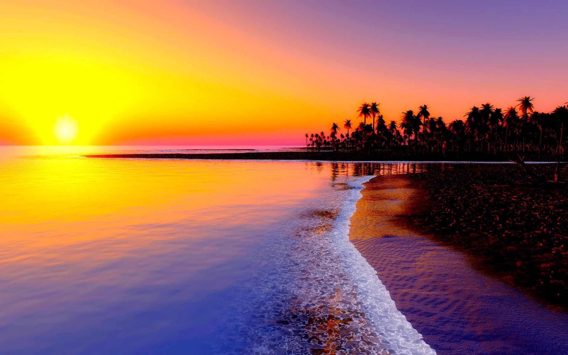 sea, nature, sunset, beach, sand, palms, tropics
