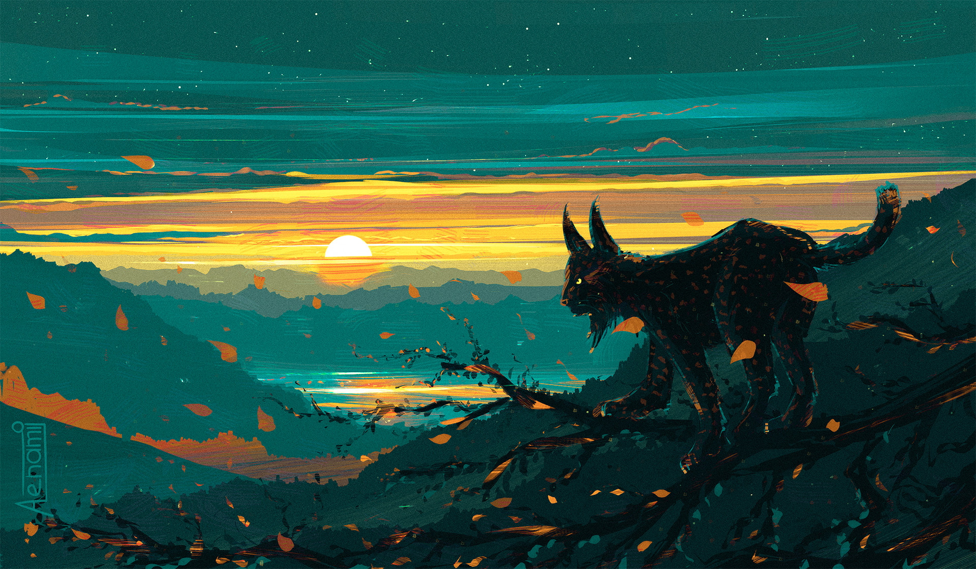 Download mobile wallpaper Landscape, Fantasy, Sunset, Animal, Lynx, Fantasy Animals for free.