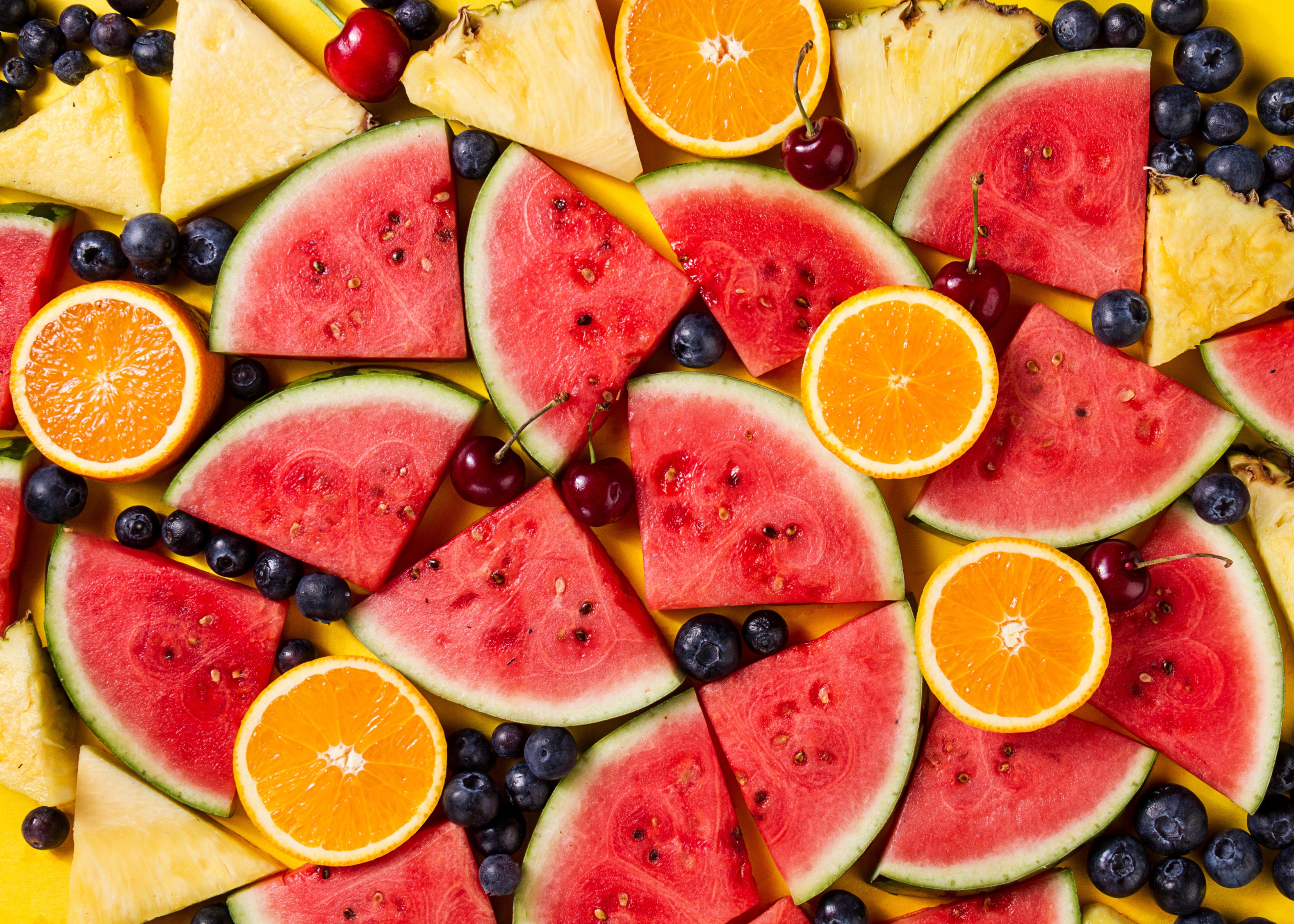 Free download wallpaper Fruits, Food, Blueberry, Berry, Fruit, Watermelon, Orange (Fruit) on your PC desktop