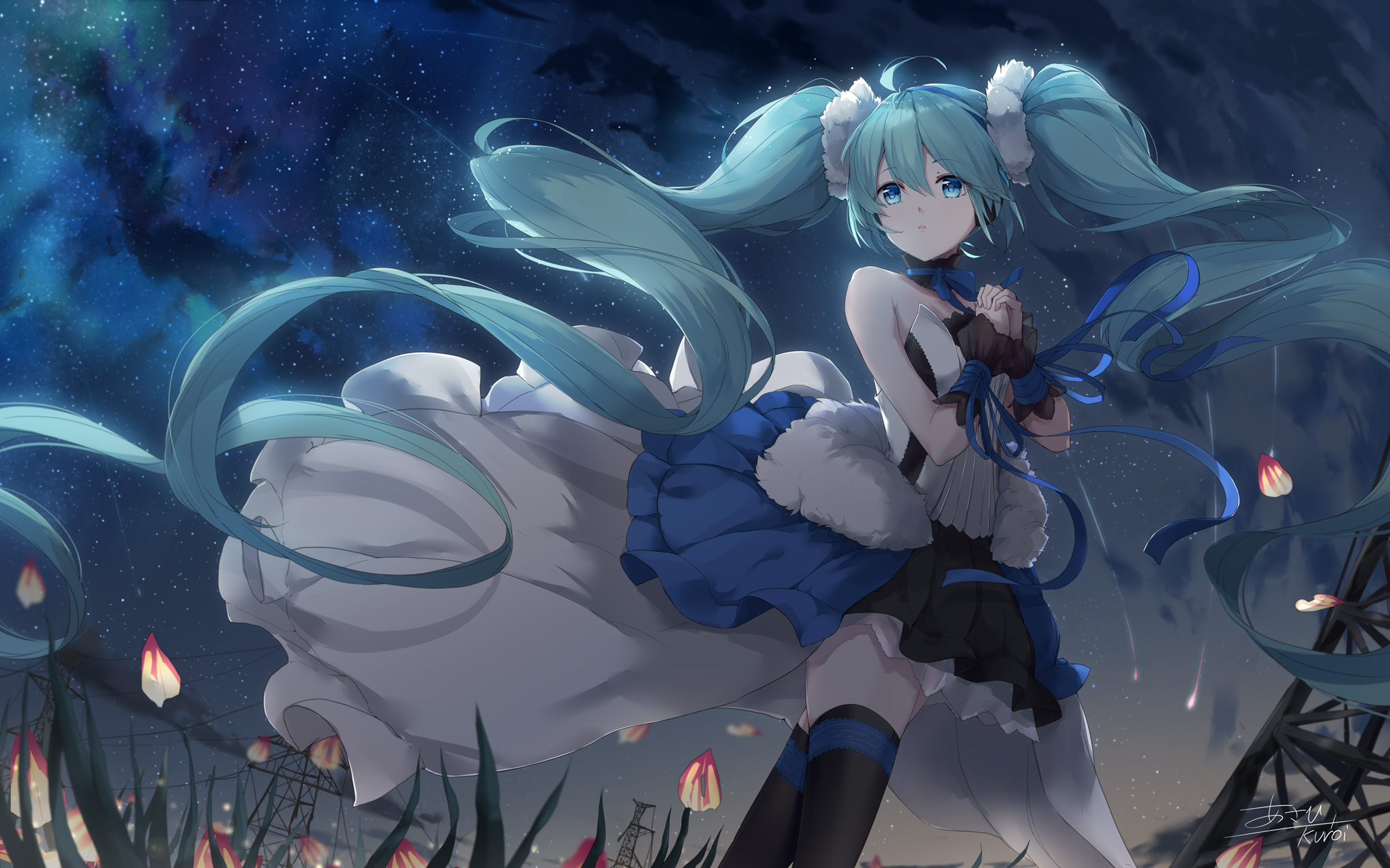 Descarga gratis la imagen Noche, Flor, Vocaloid, Ojos Azules, Animado, Pelo Largo, Pelo Azul, Hatsune Miku en el escritorio de tu PC