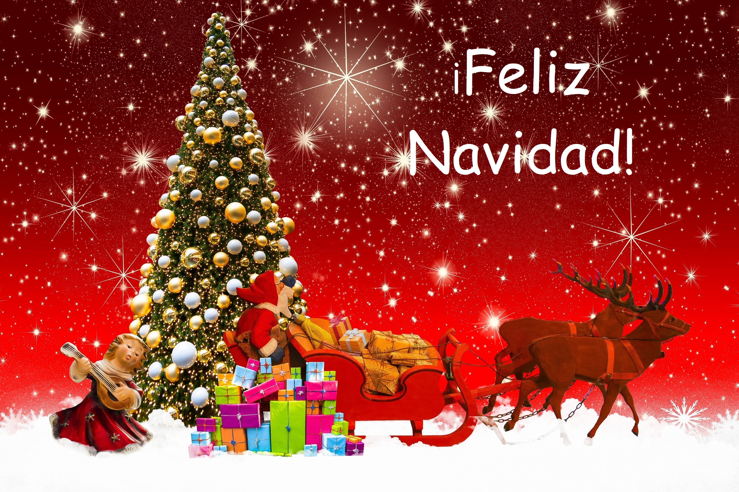 Free download wallpaper Christmas, Holiday, Gift, Christmas Tree, Sled, Santa, Merry Christmas, Reindeer on your PC desktop