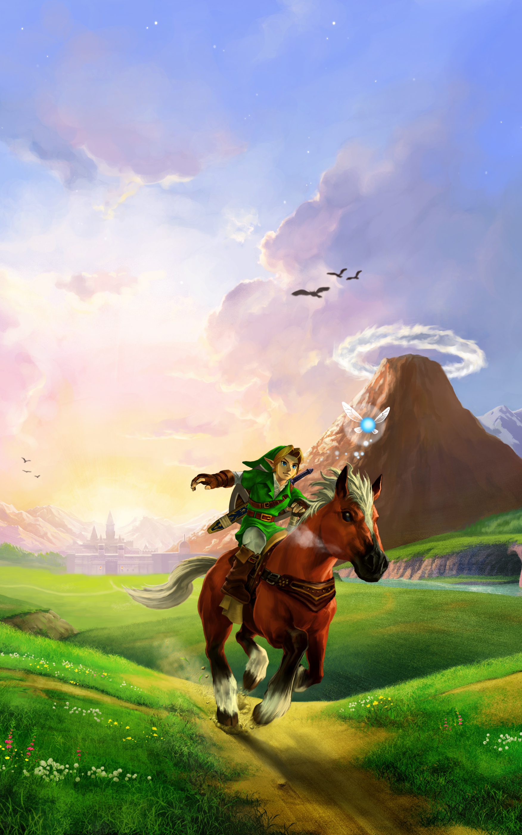 Baixe gratuitamente a imagem Grama, Montanha, Pássaro, Cavalo, Link, Videogame, Zelda, The Legend Of Zelda: Ocarina Of Time na área de trabalho do seu PC