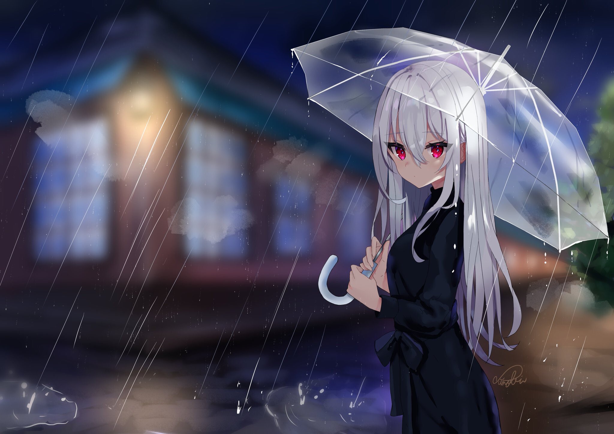 Download mobile wallpaper Anime, Rain, Umbrella, Original, Red Eyes, Long Hair, White Hair for free.