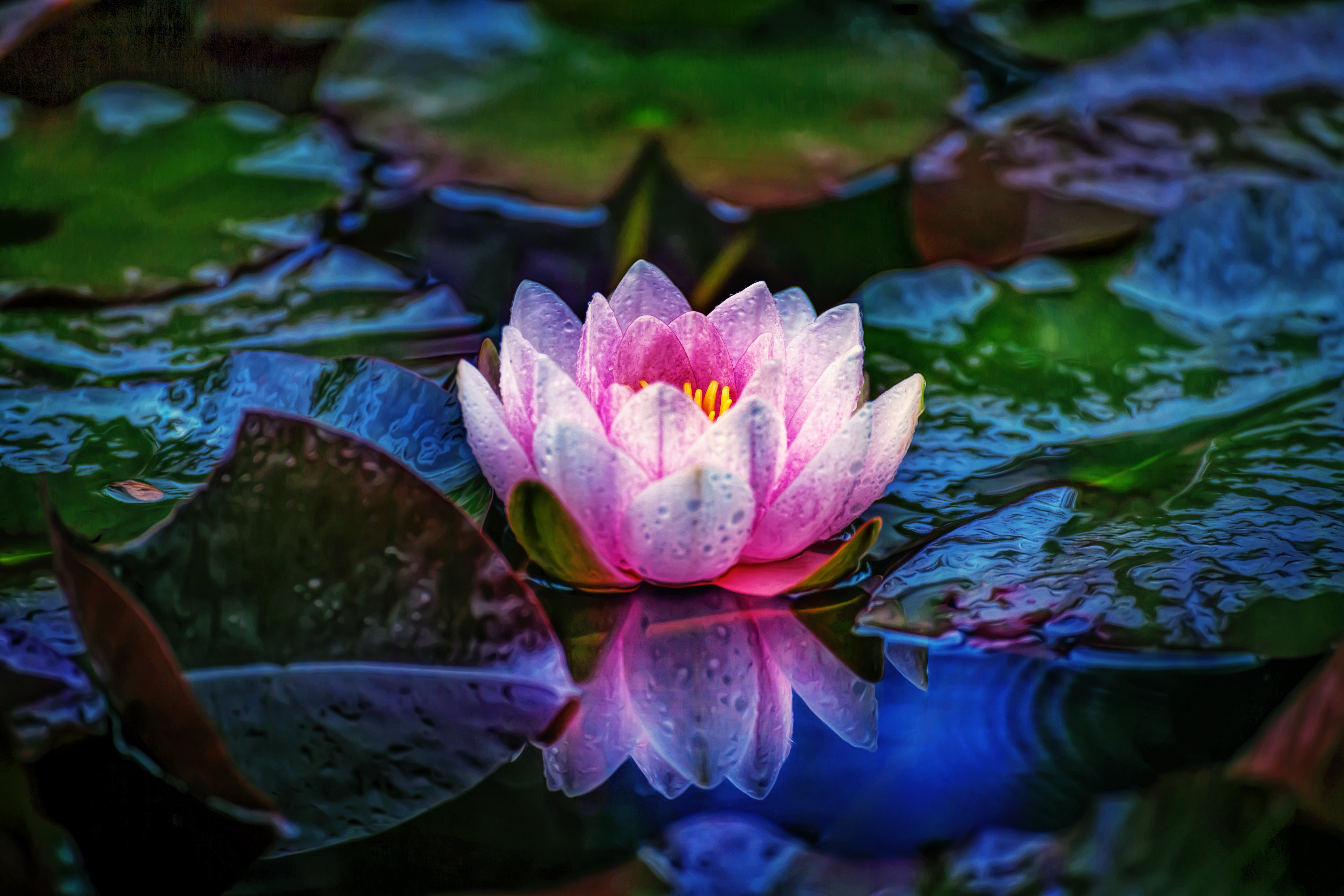 earth, water lily, dew, leaf, macro, pink flower, reflection, flowers